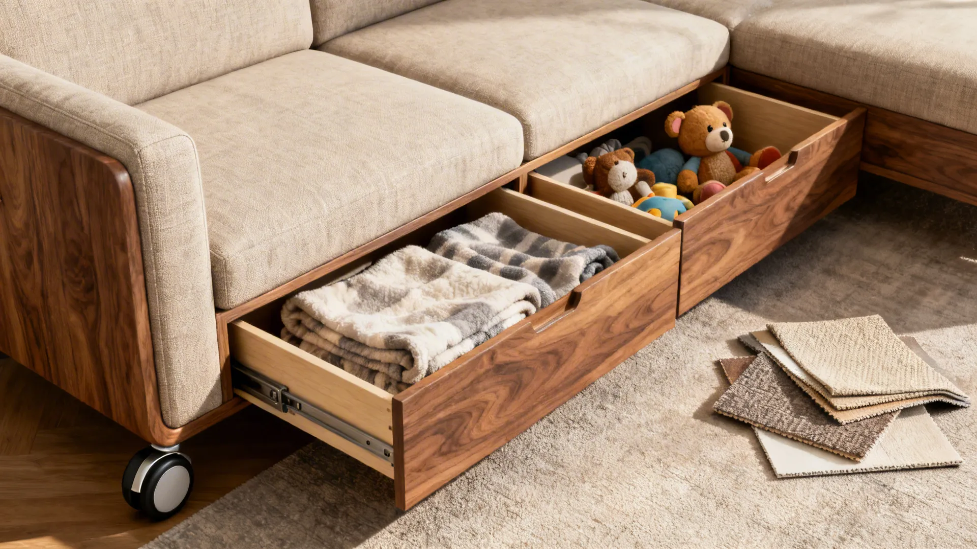 Sectional with under-seat drawers open showing organized storage and fabric swatches