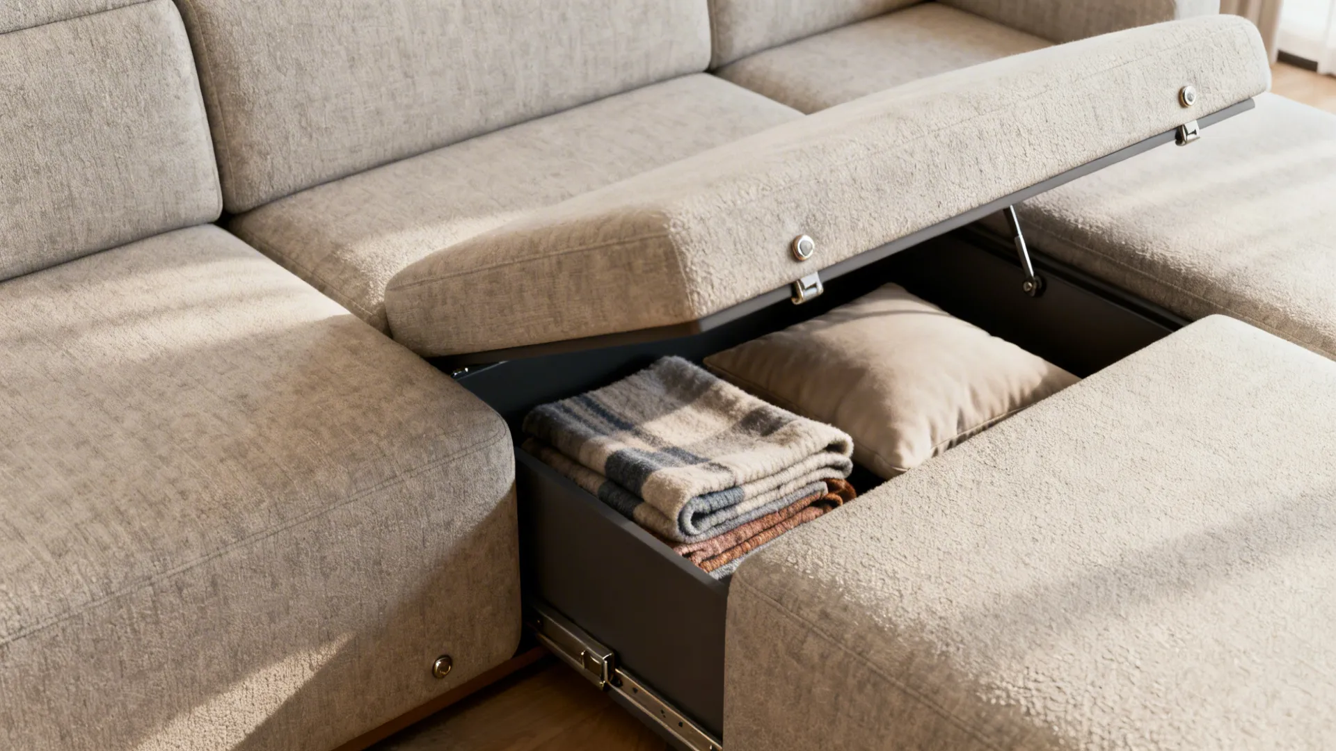 Close-up of a sectional chaise with hidden under-seat storage open, showing folded linens.