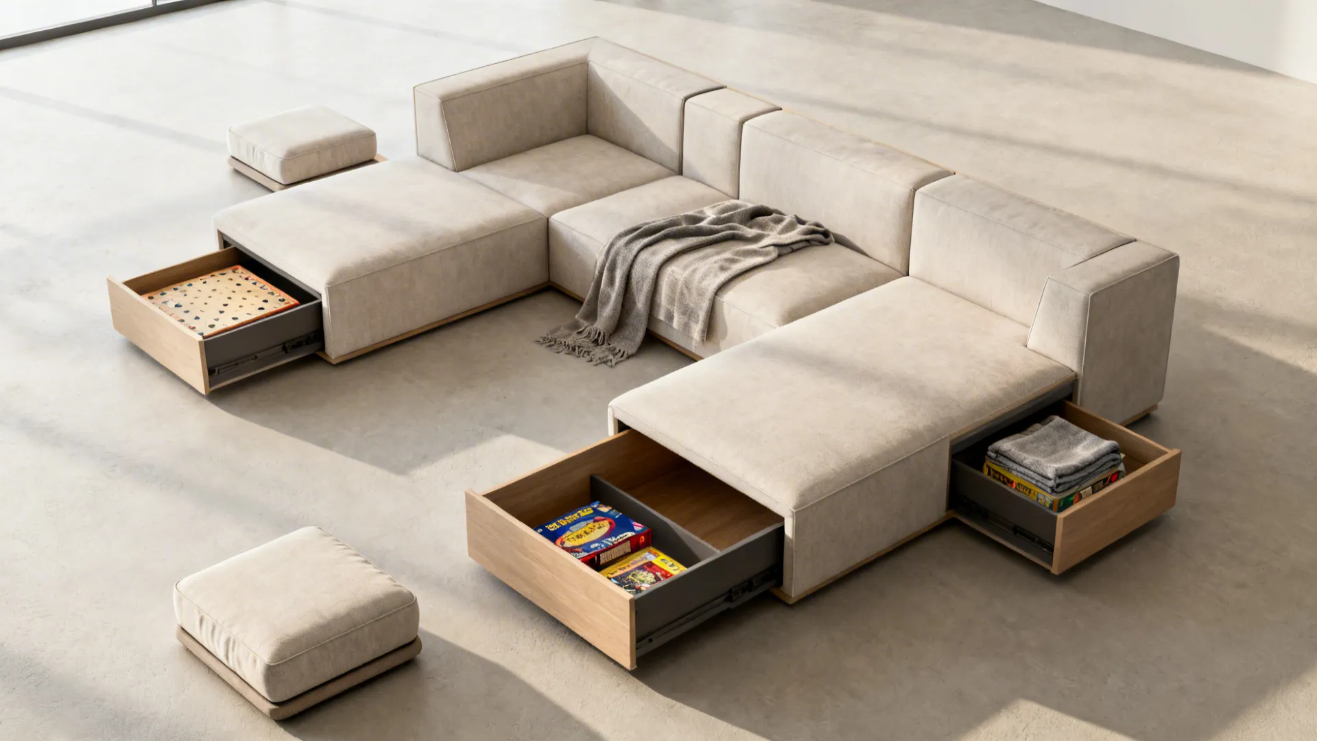 Modular sectional with storage chaise open and nesting ottomans tucked under the sofa
