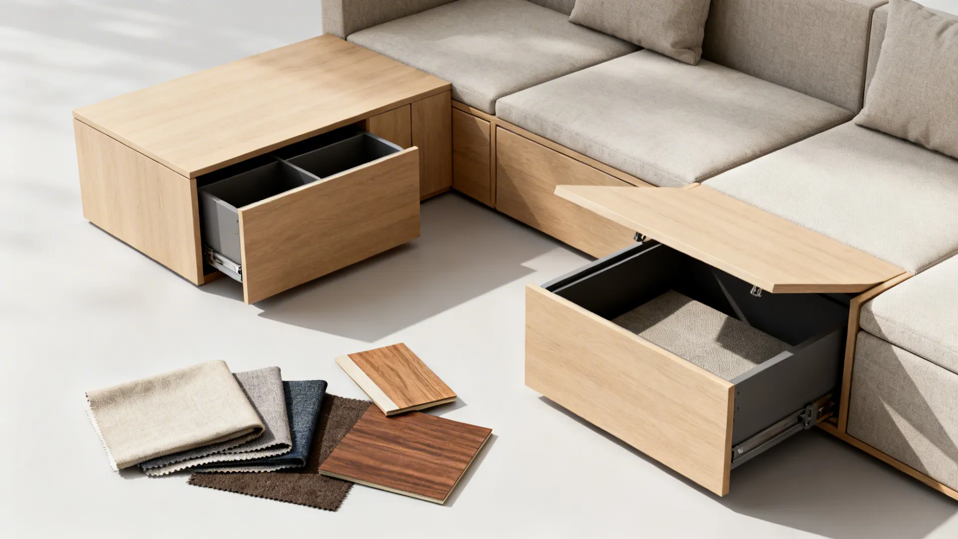 Modern sofa with wood base showing open storage drawers next to fabric and wood samples