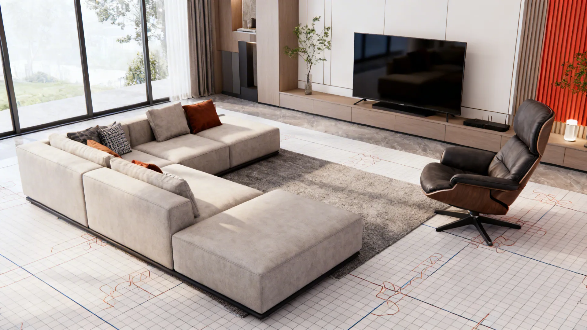 Living room with a sectional sofa and a compact swivel chair showing flexible seating and clear walkways.