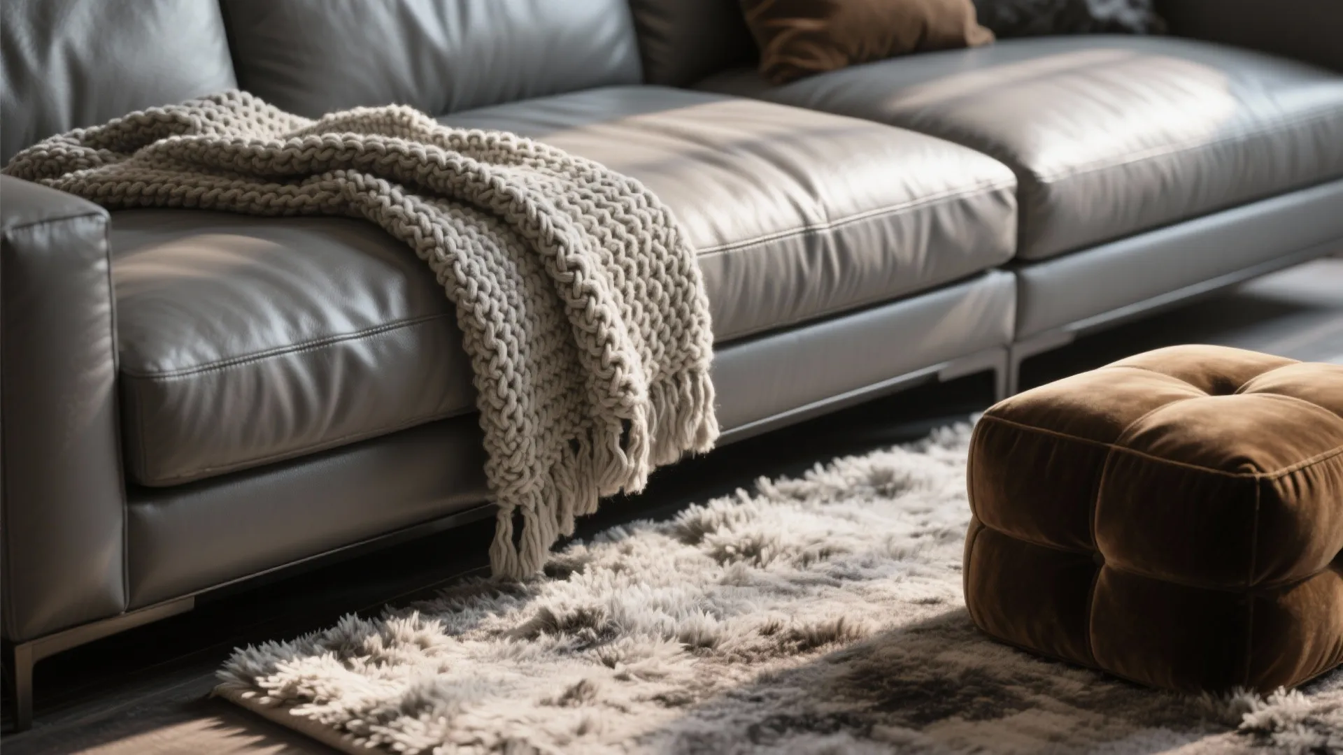 Grey leather sofa with thick knitted blanket next to brown velvet footrest on a rug
