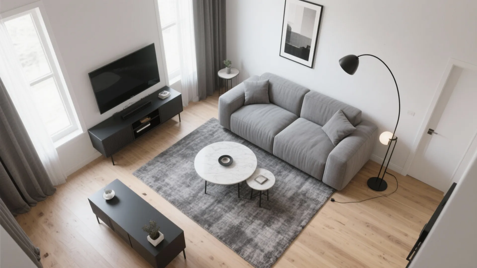 Grey Sectional Layout + Zoning with Rugs and Light