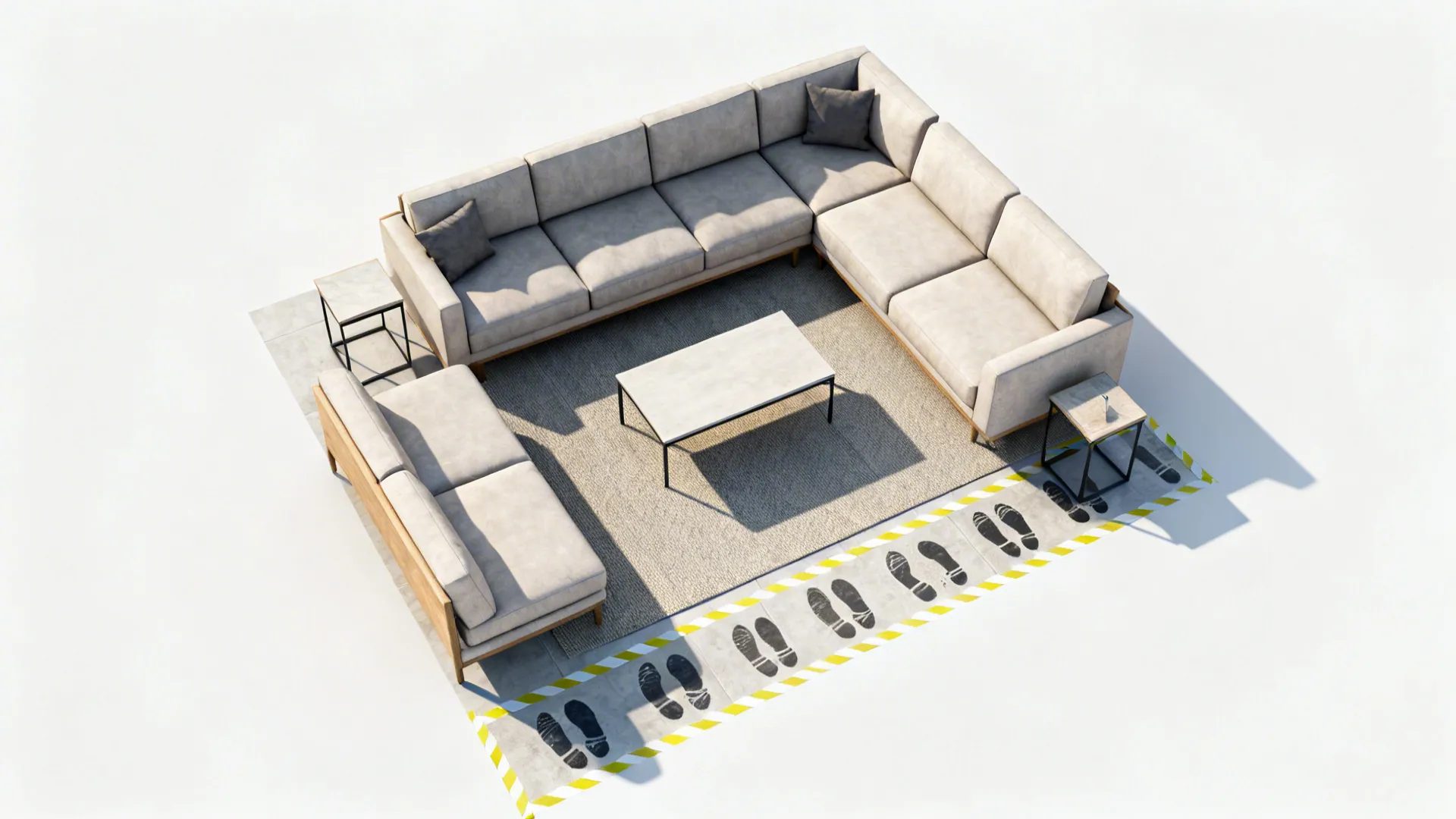 Top-down view of a compact living room layout with a reversible chaise and clear walkways.