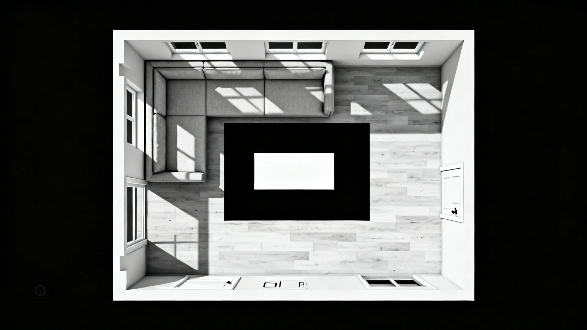 Top-down layout showing a compact reversible chaise sectional with clear walkways around it.