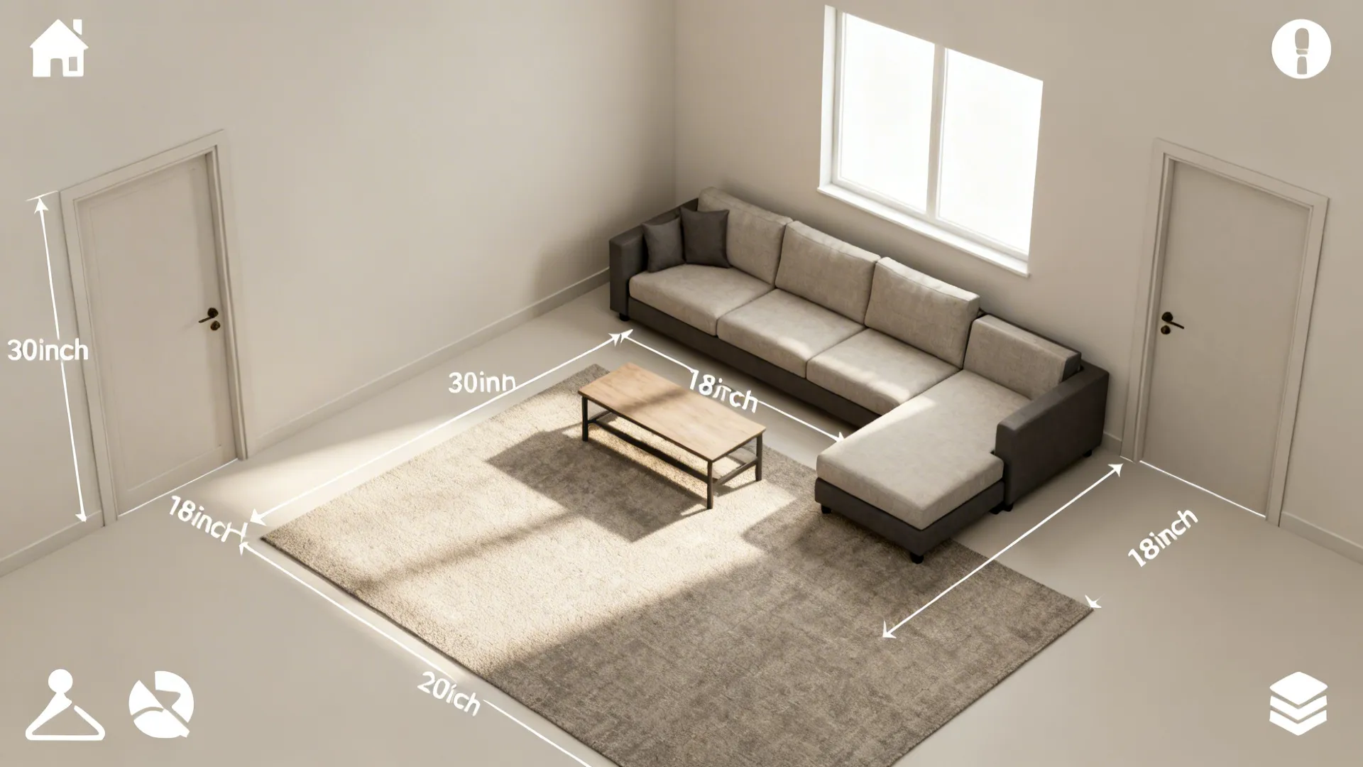 Top-down layout showing reversible-chaise sectional with clear pathways.