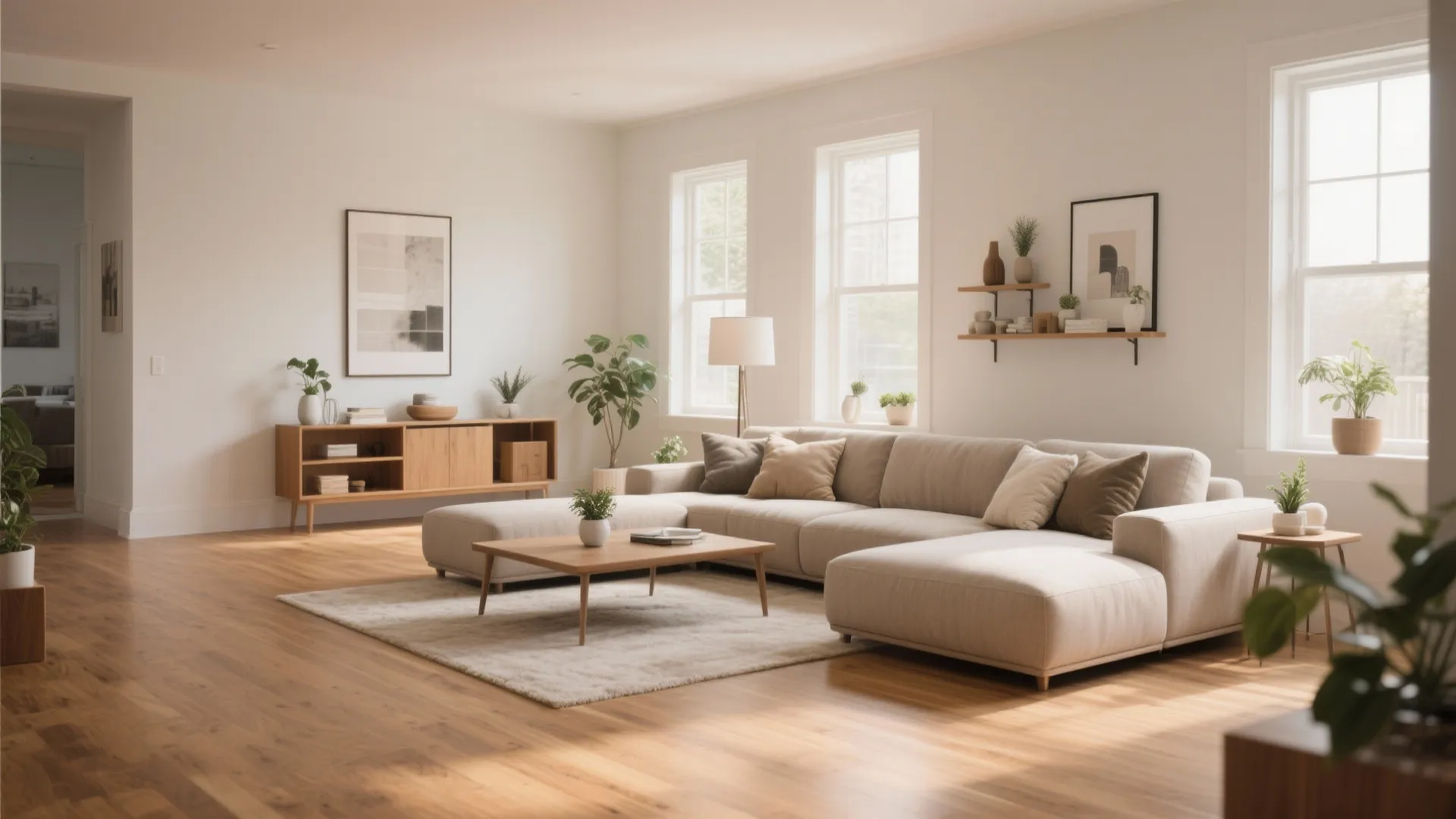 Modern living room with beige sofa, wooden coffee table, large windows, and bright natural light