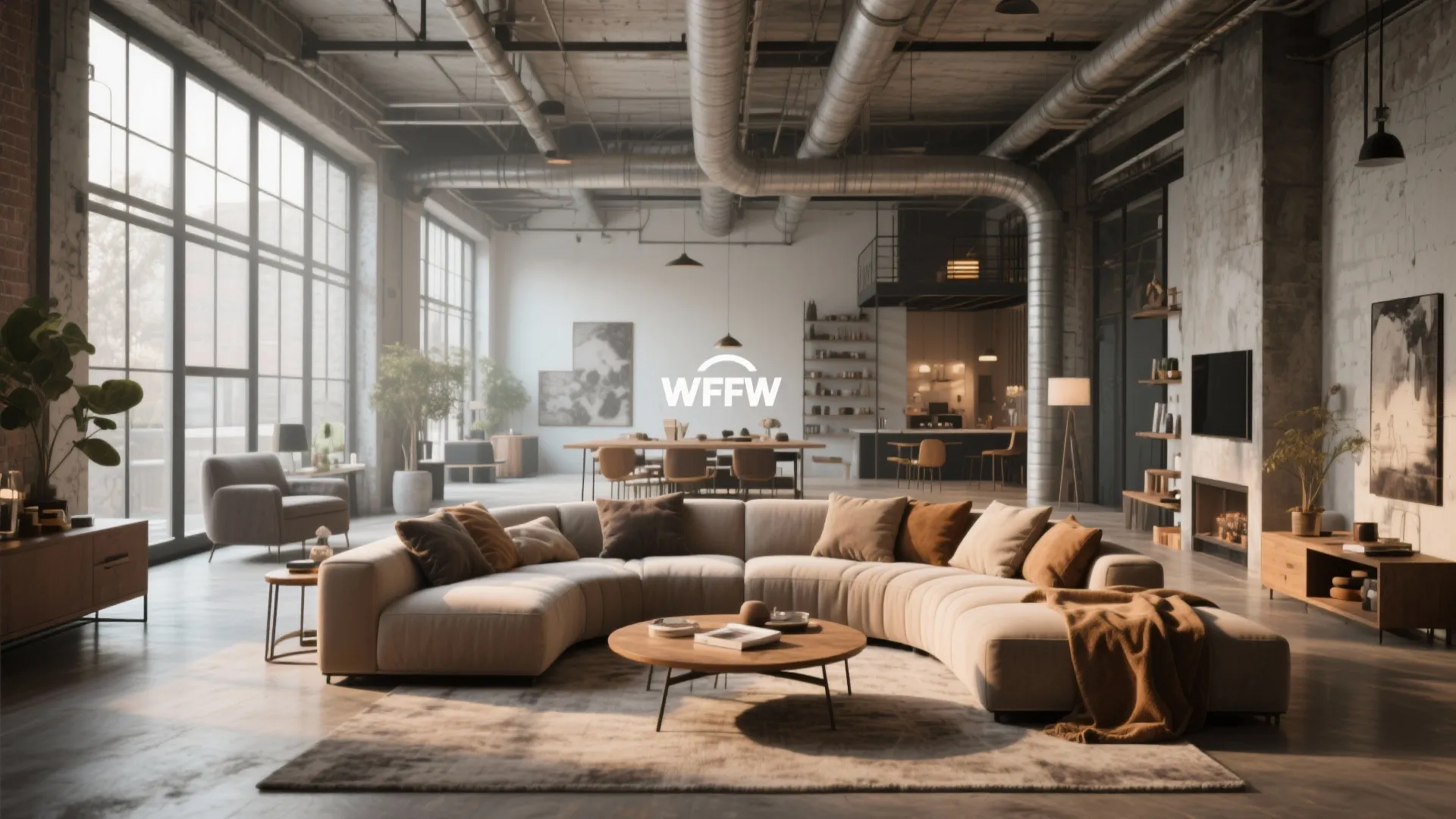 Open loft space with a curved-edge sectional sofa