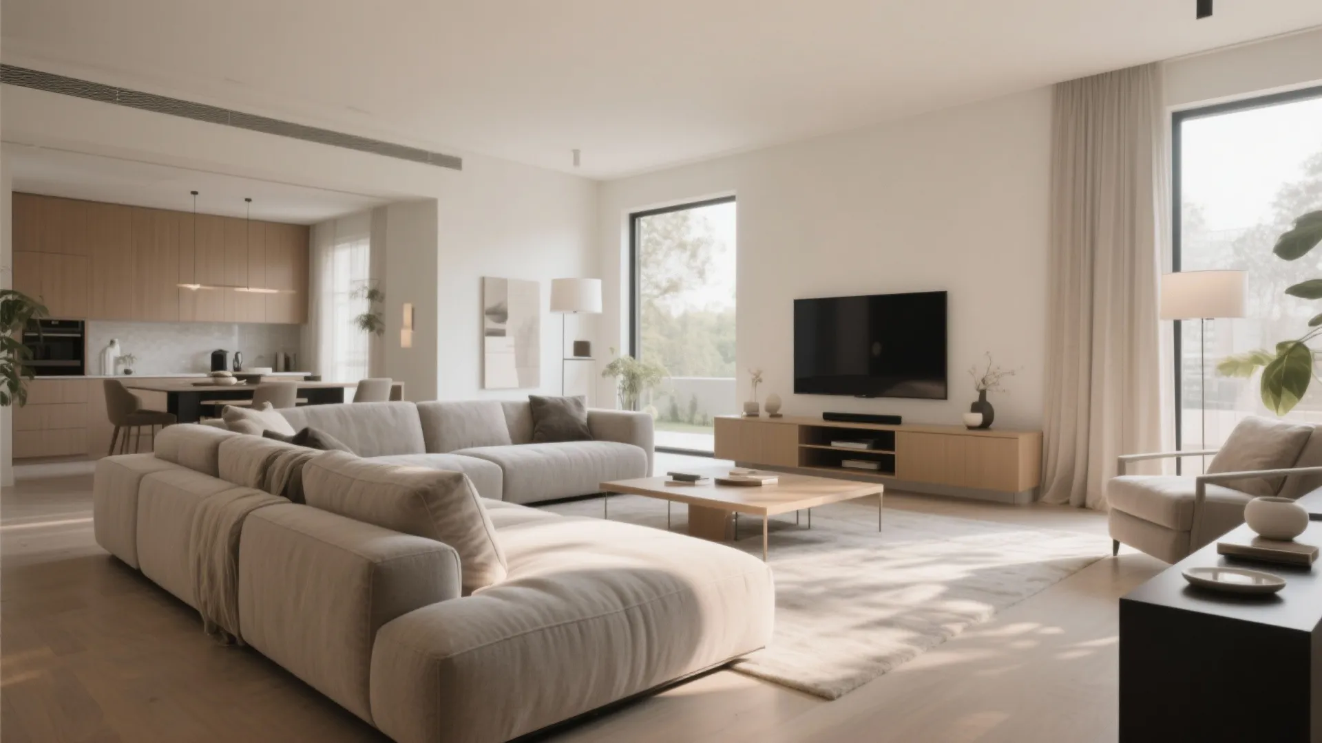 Modern open plan living room with beige sofa wooden cabinet television and view of kitchen