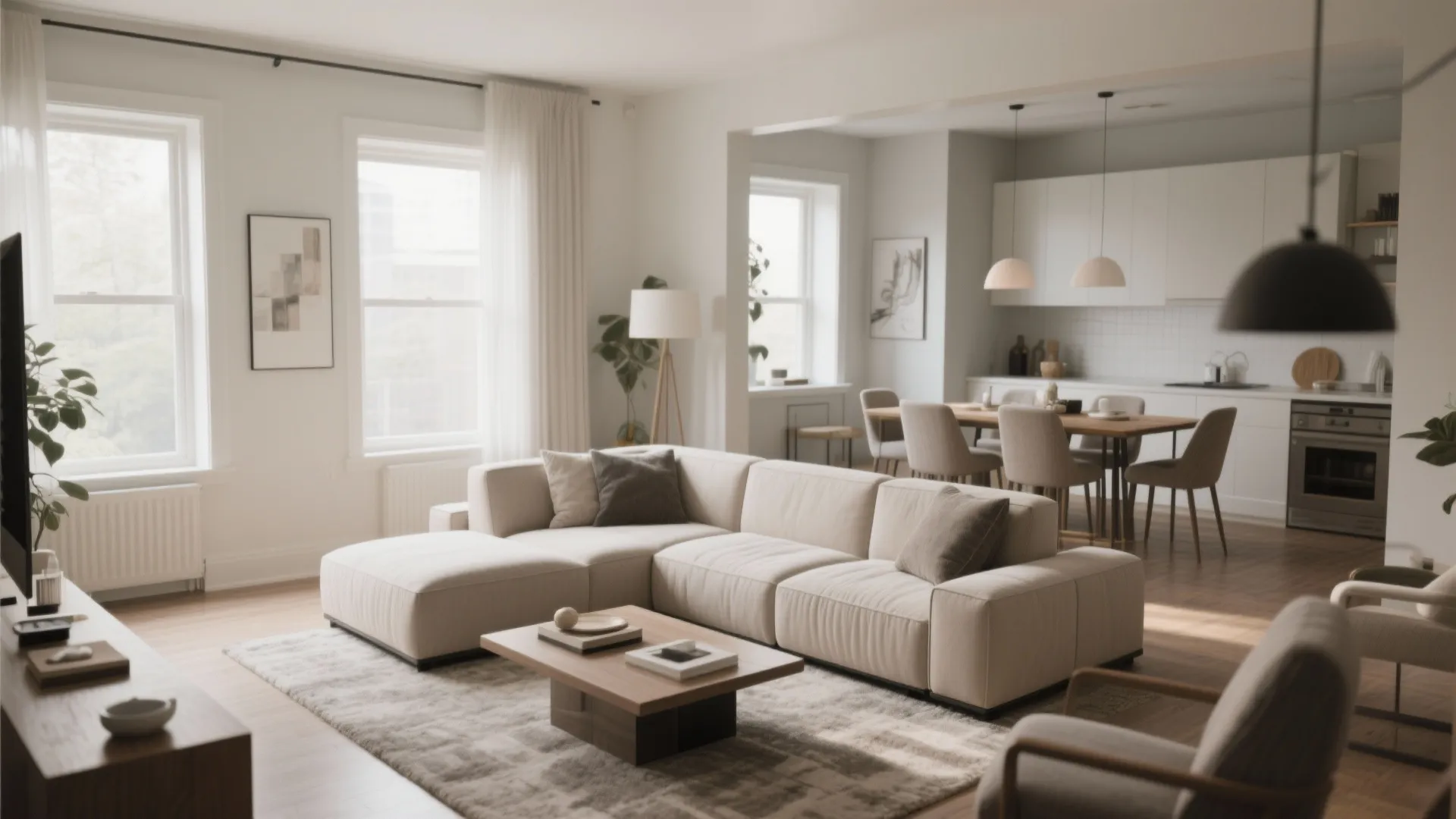 Open plan living area showing a white sofa wooden dining table and modern white kitchen