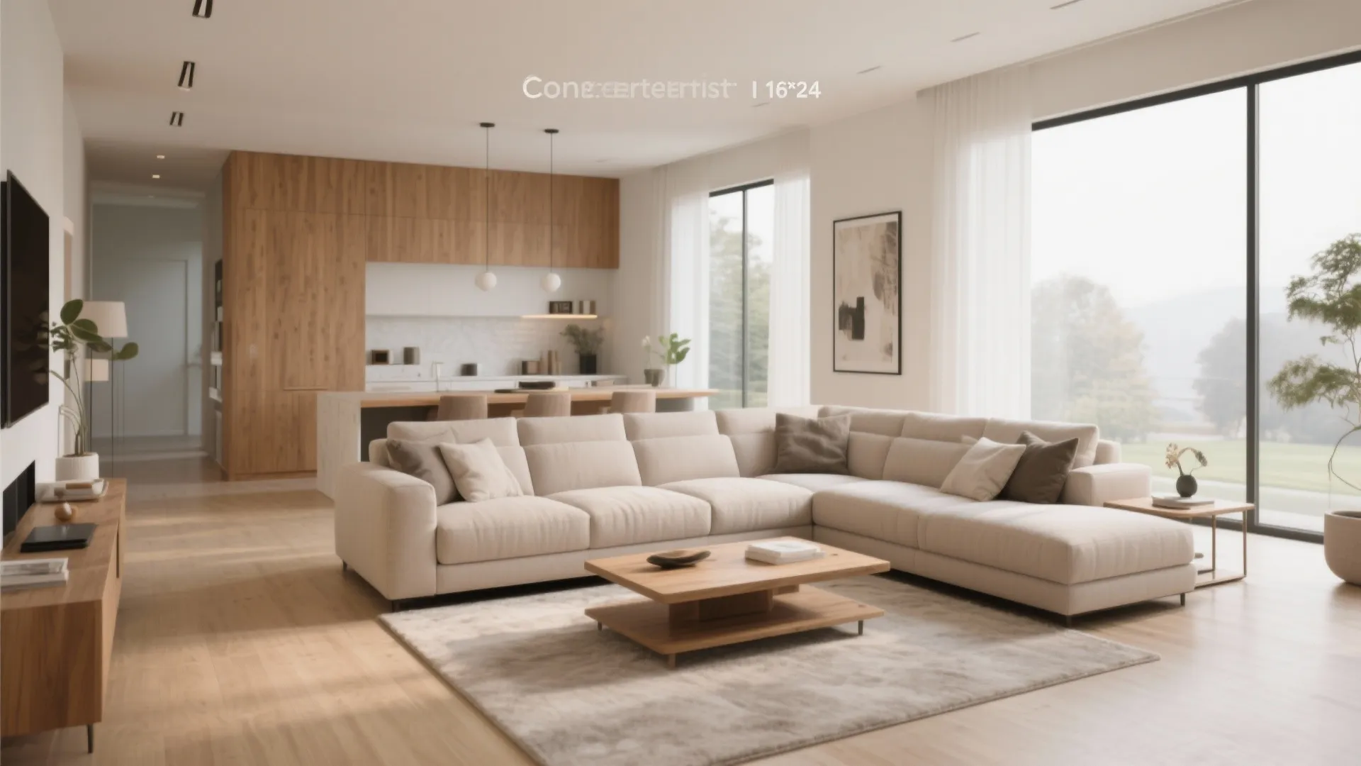 Modern living room featuring large l-shaped sofa wooden coffee table and open kitchen background design