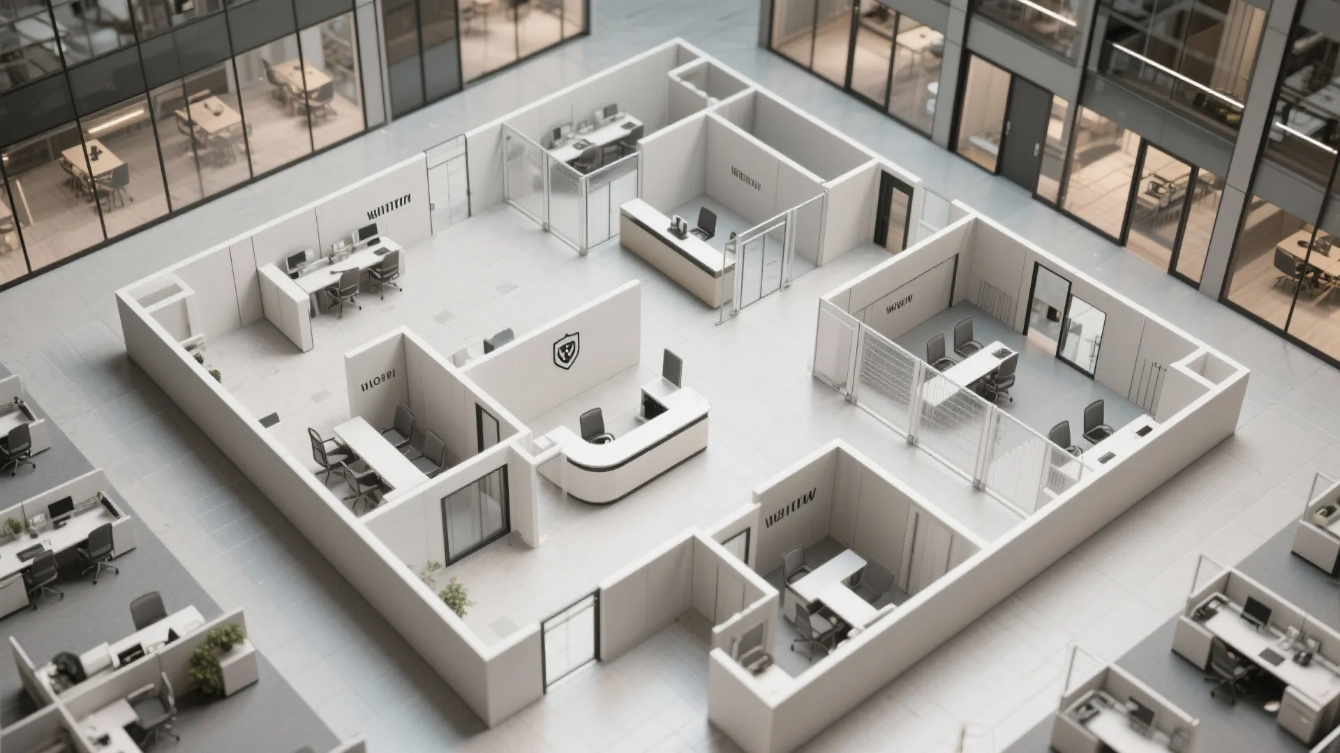 Top-down office layout showing defined secure and public zones