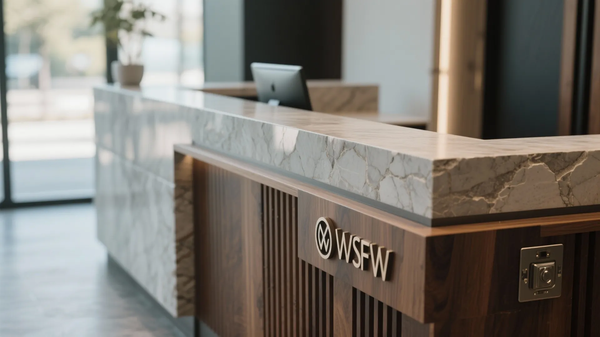 Detail view of a secure and stylish reception desk