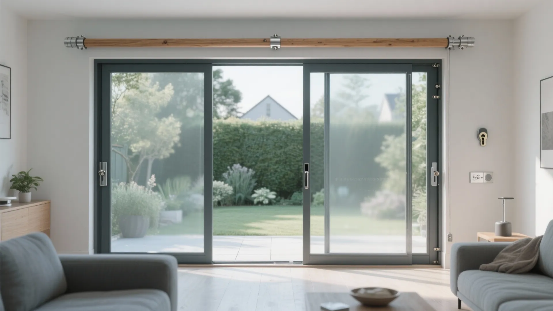 Modern living room featuring large grey sliding glass doors opening to a bright green garden