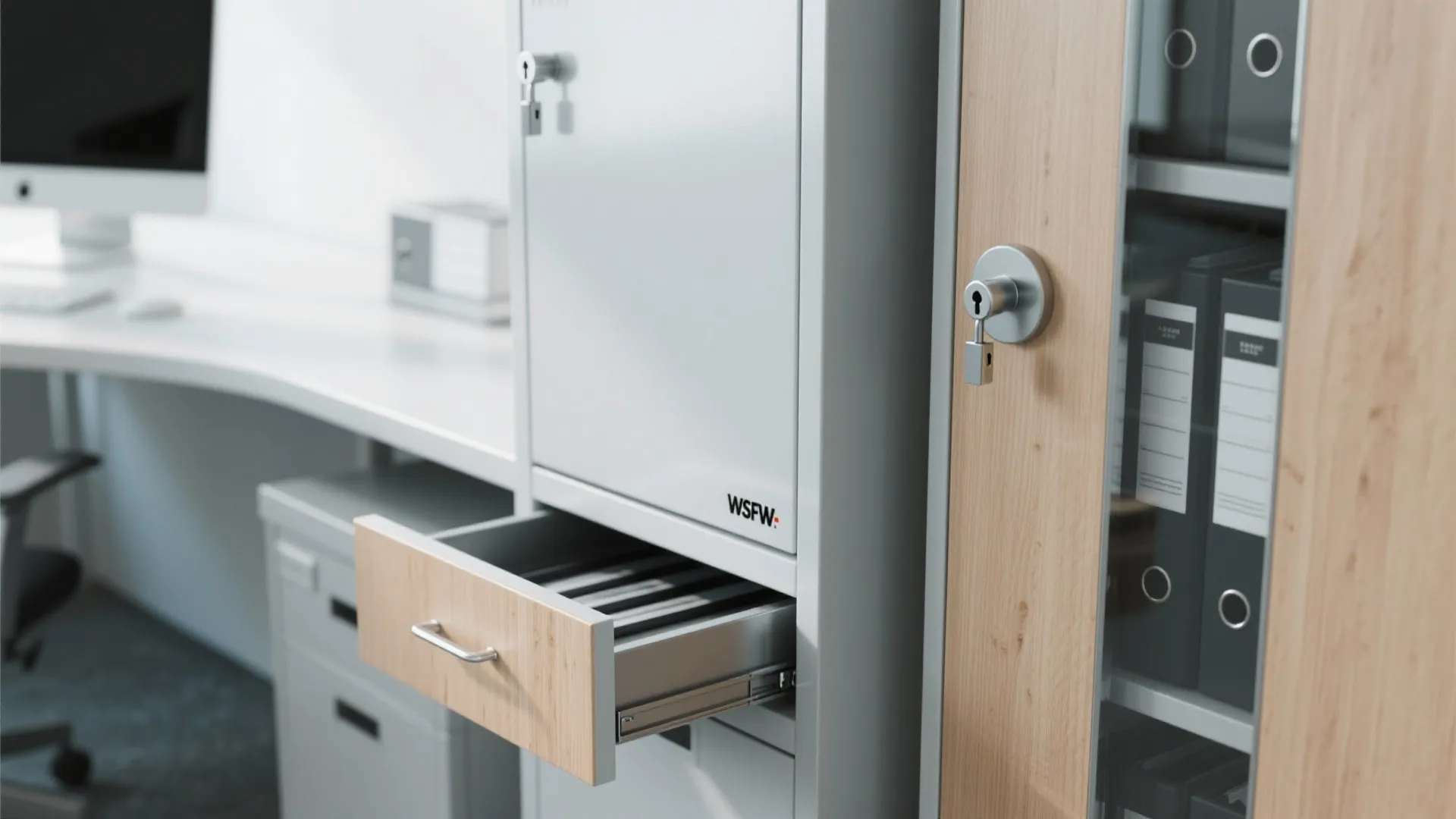 Grey metal office cabinet with an open wooden drawer and folders on a side shelf
