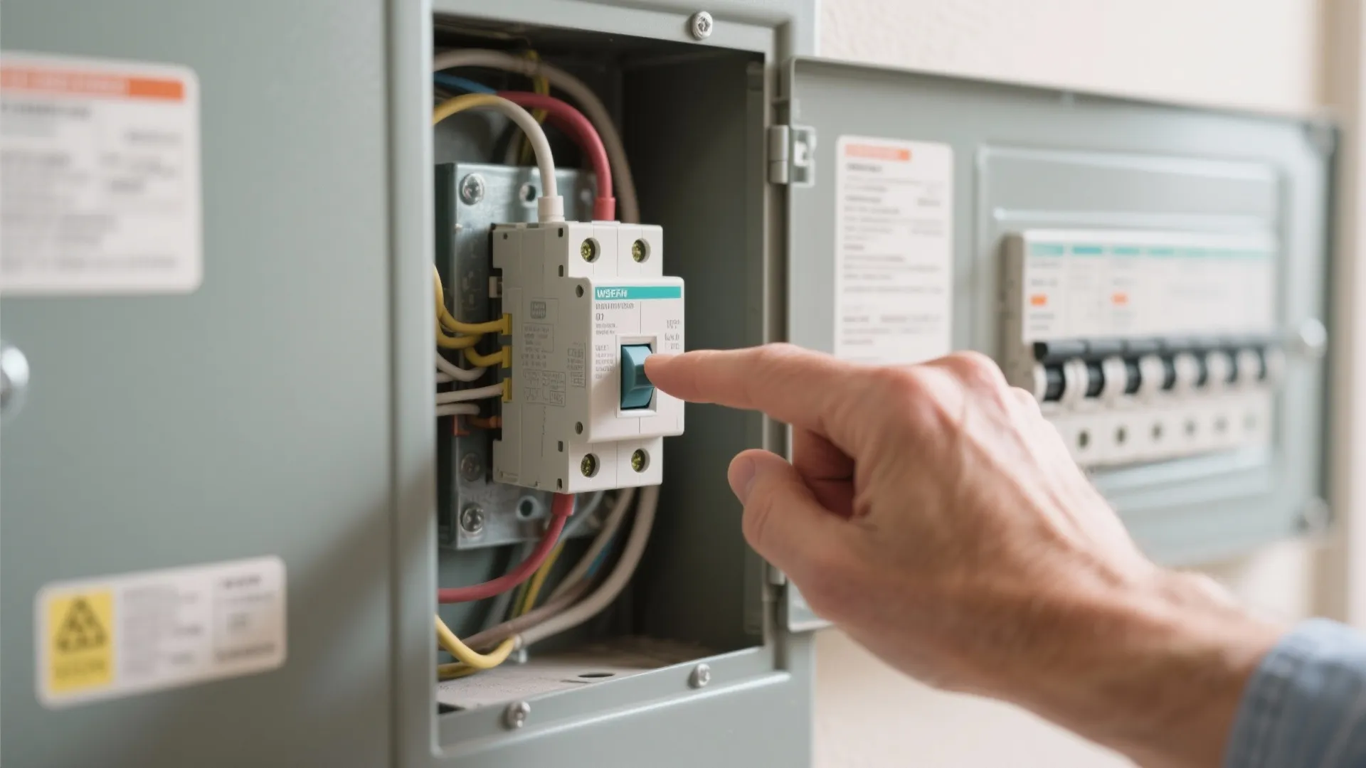 A person using one finger to flip the blue switch inside a home electric box