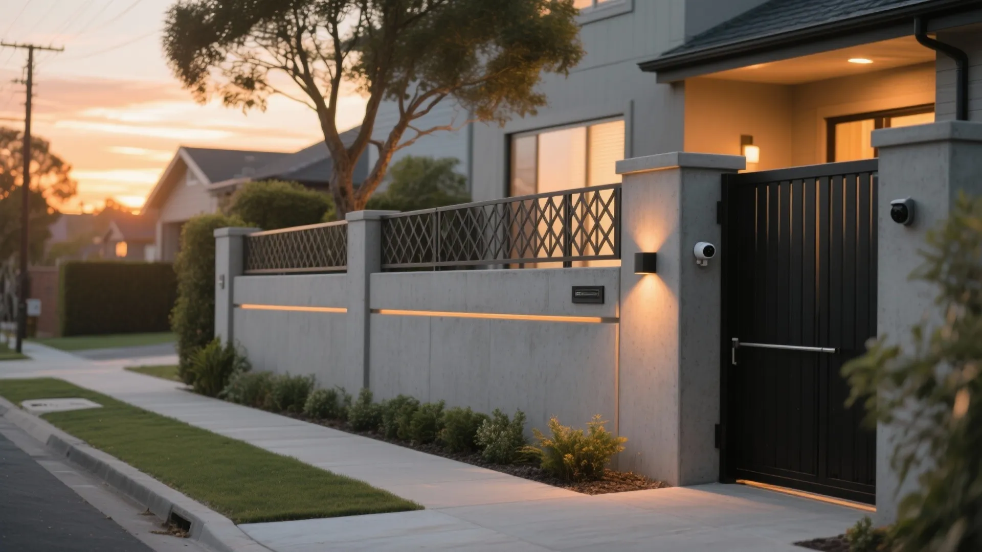 Modern house exterior wall with black gate wall lights security cameras and a small garden