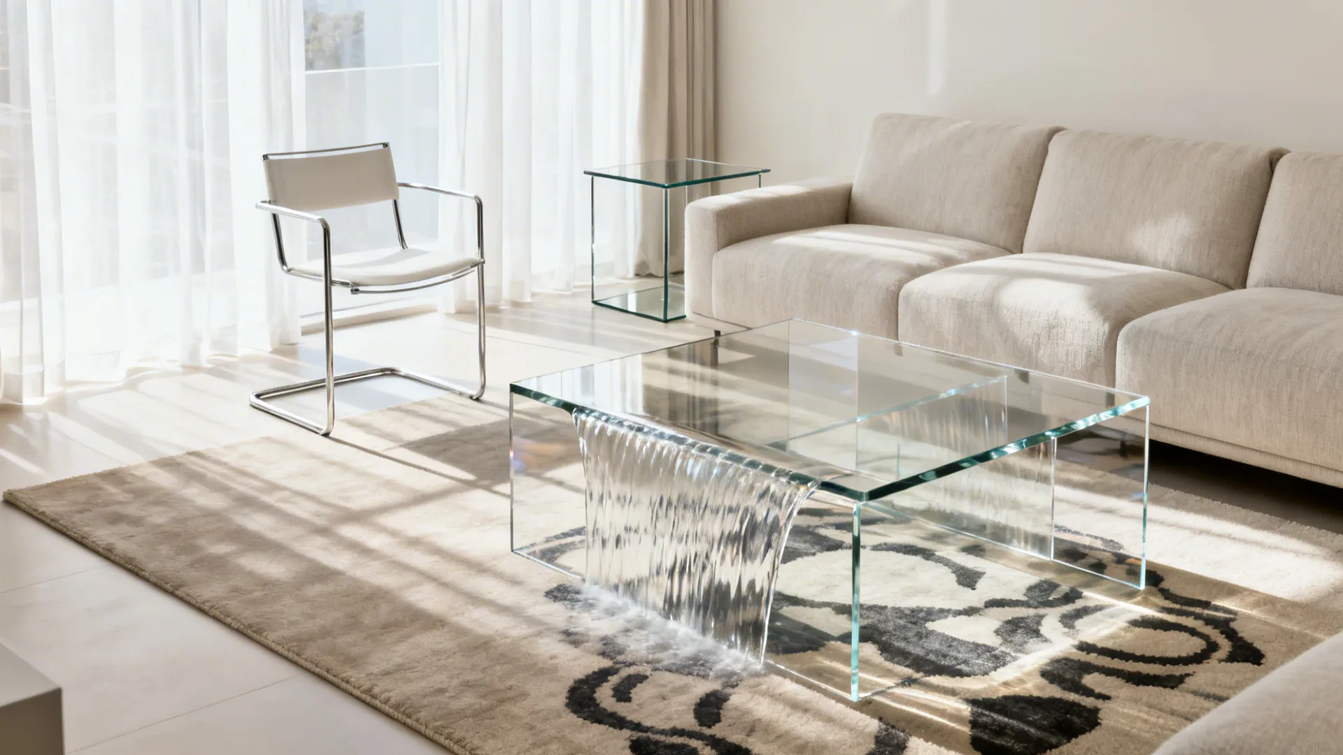 Acrylic waterfall table and slim metal-framed chair reveal the rug and enhance light in a small room.