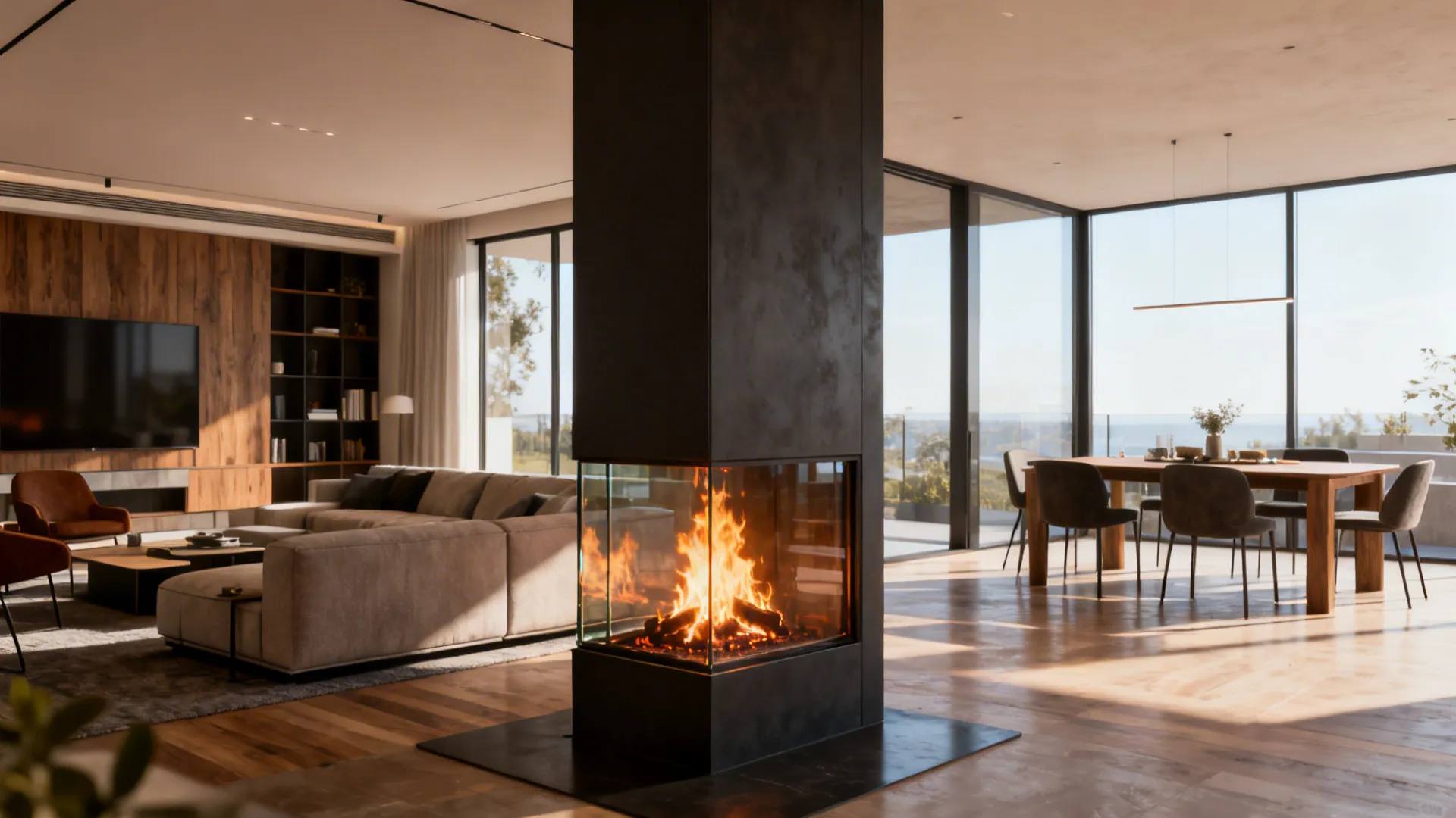 Double-sided fireplace visually connecting a living room and dining area to increase perceived depth