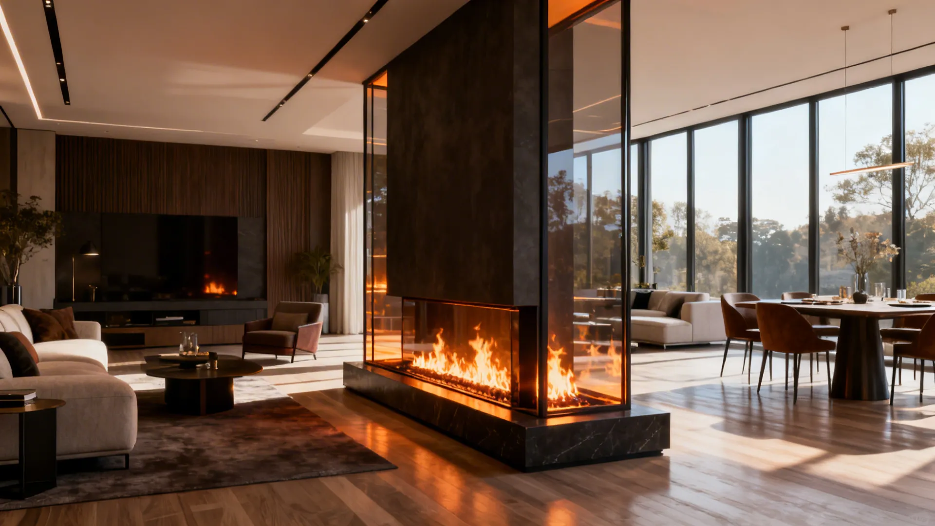 Modern living room and dining area with glass fireplace between spaces and big floor windows