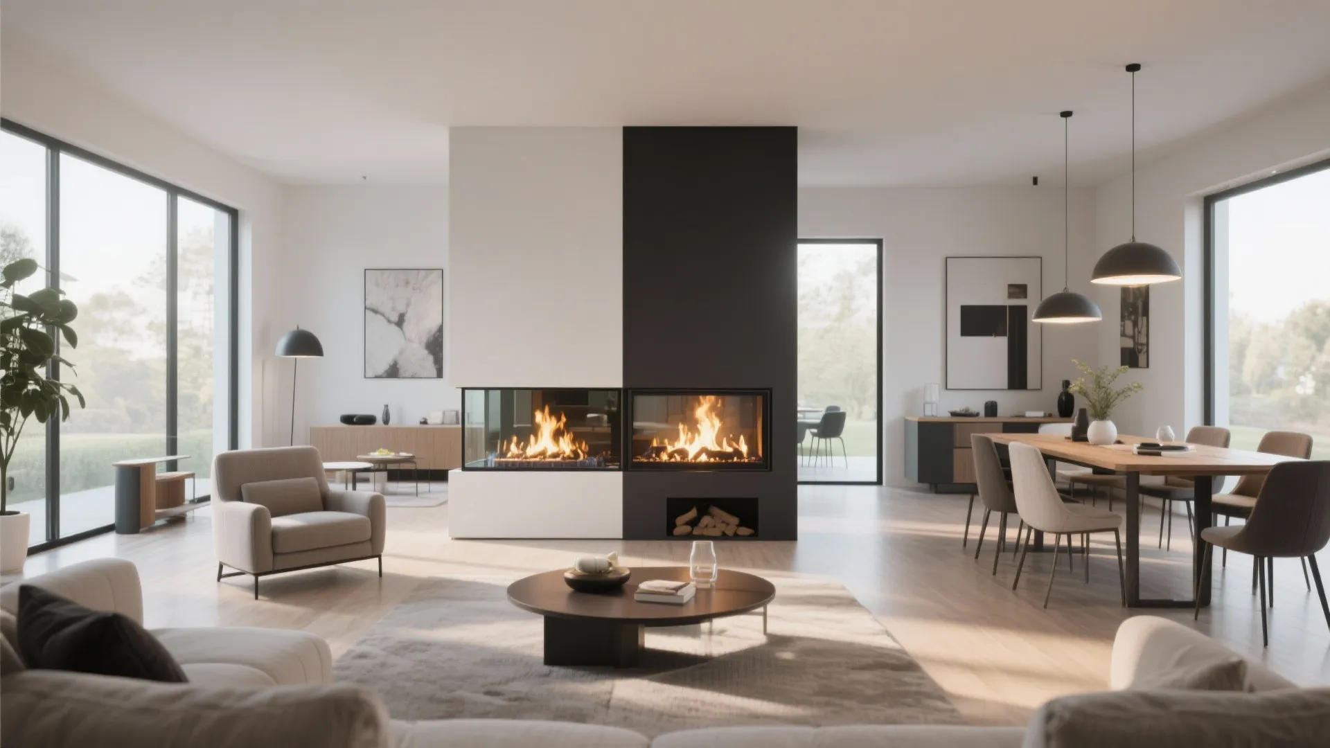 8. Contemporary Open Plan with See-Through Fireplace