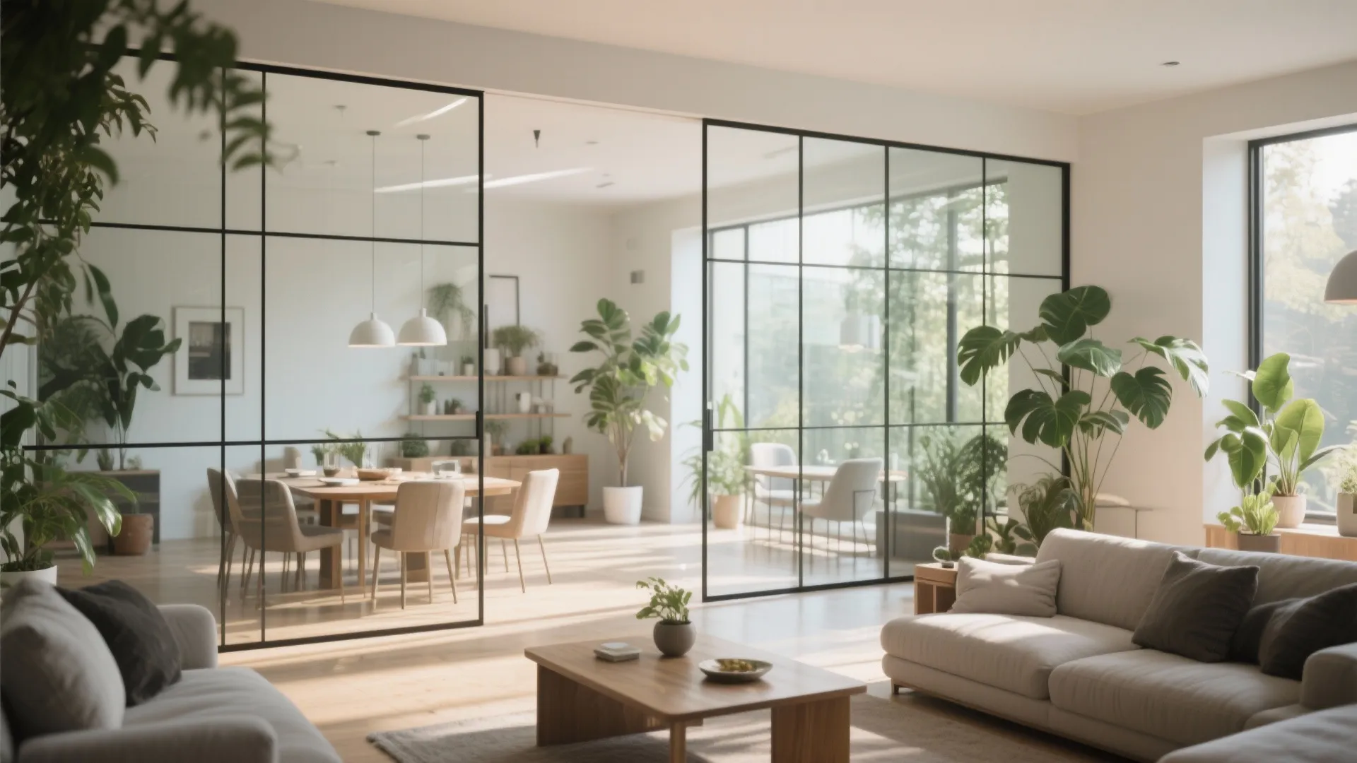 Spacious living room with glass wall partitions dining area green plants sofa and natural bright light