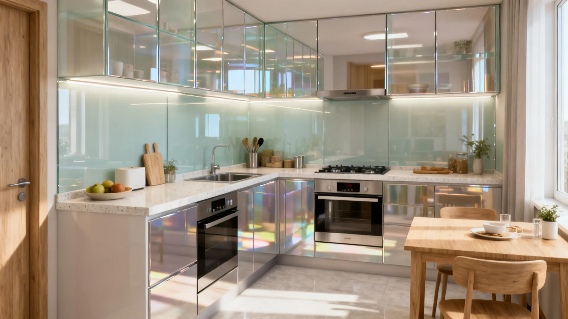 Compact kitchen with glossy uppers and a clear glass backsplash enhancing visual depth.