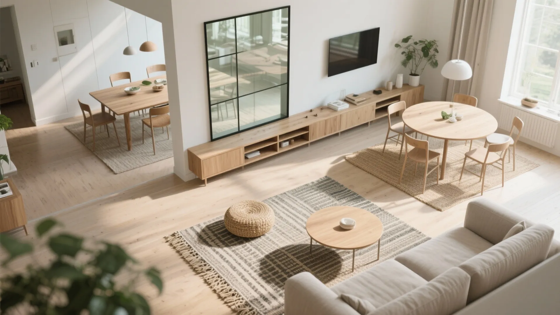 See-through zoning: glass, open shelves, and layered rugs