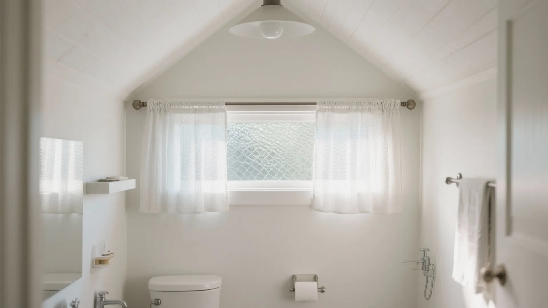 Bright white bathroom interior design featuring a small window covered with thin white fabric curtain