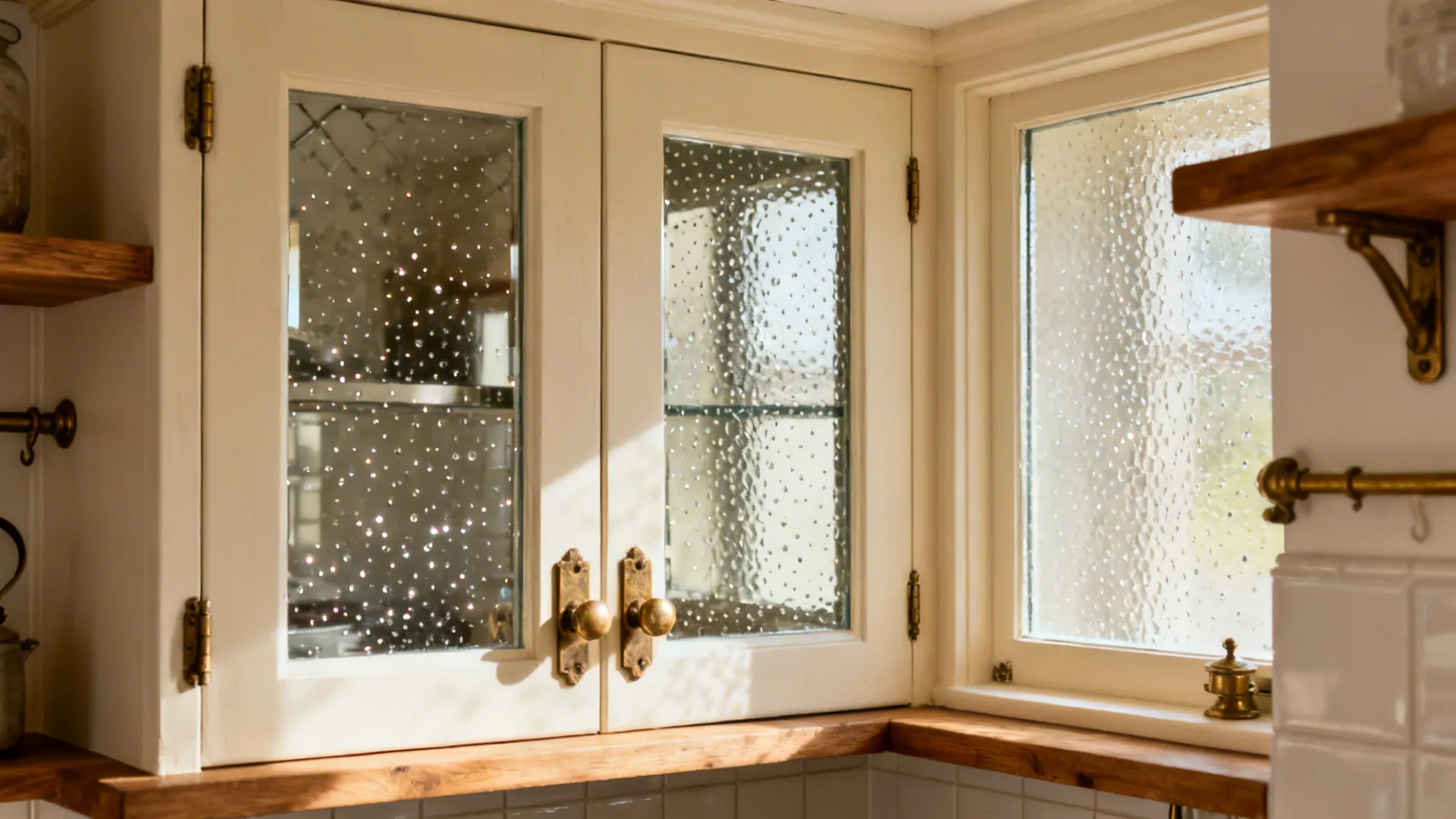 Seeded glass cabinet doors with tiny bubbles add vintage charm in a small kitchen.