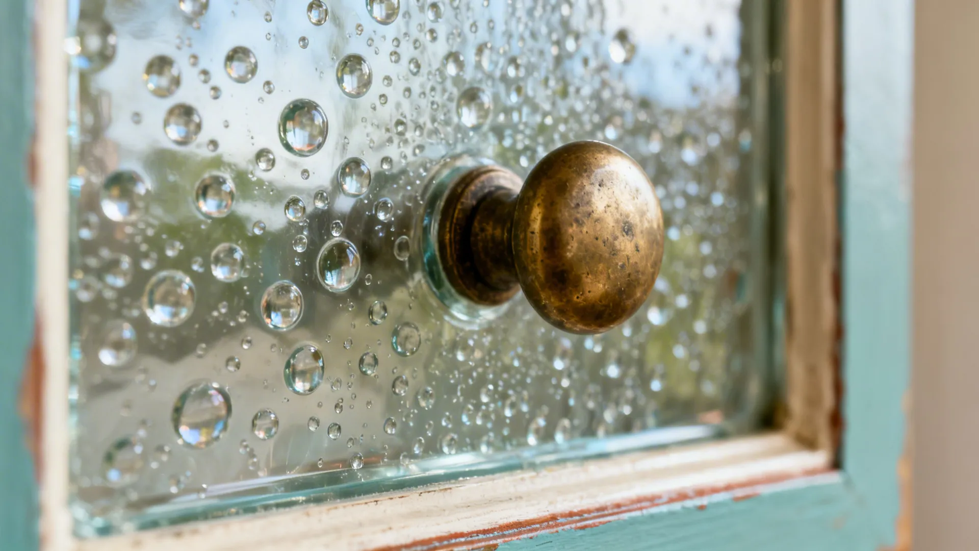 Macro of seeded glass bubbles and gentle distortions beside an aged brass knob.