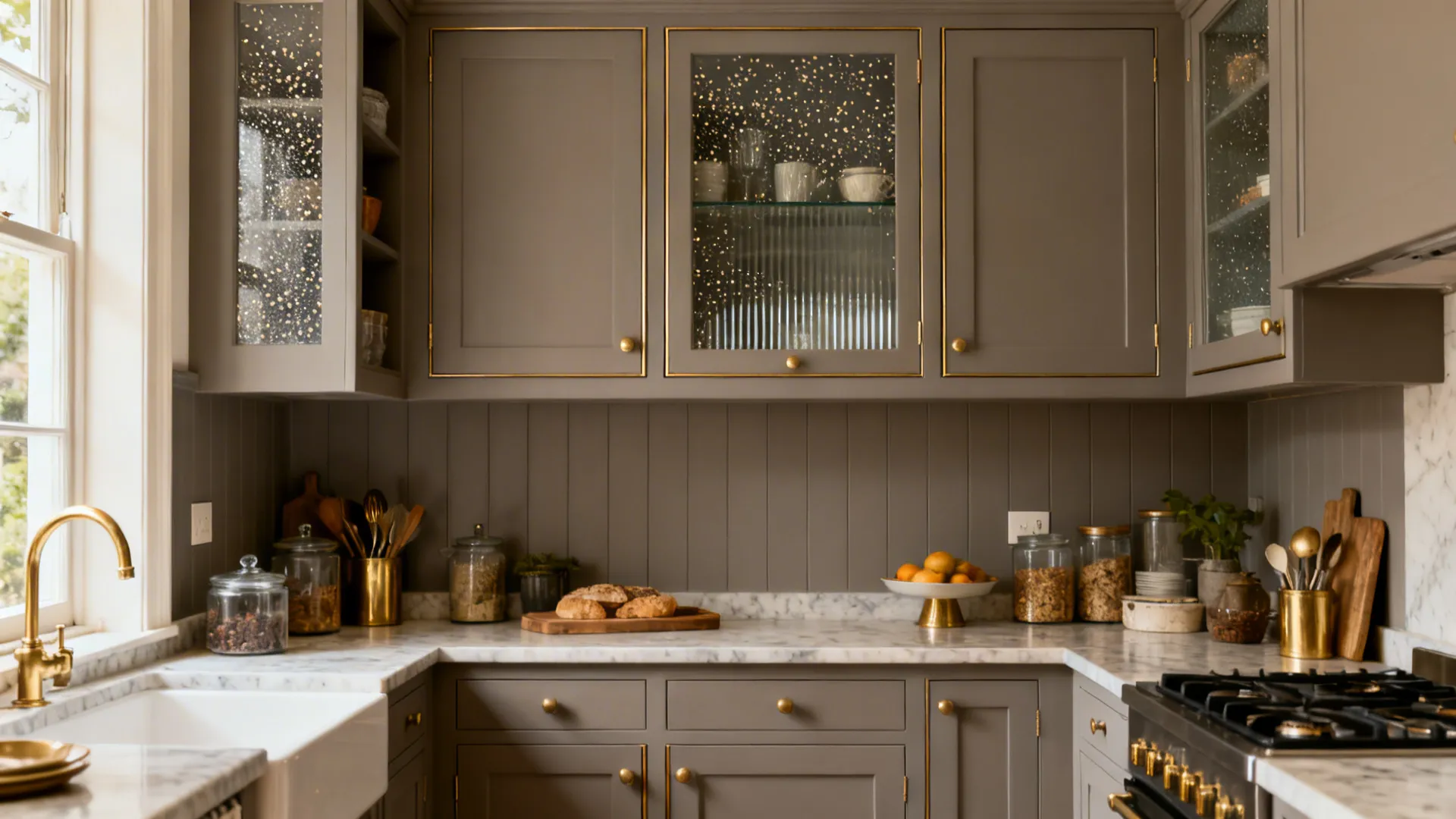 Bistro-style kitchen mixing lightly seeded glass uppers with a fluted-glass hutch.