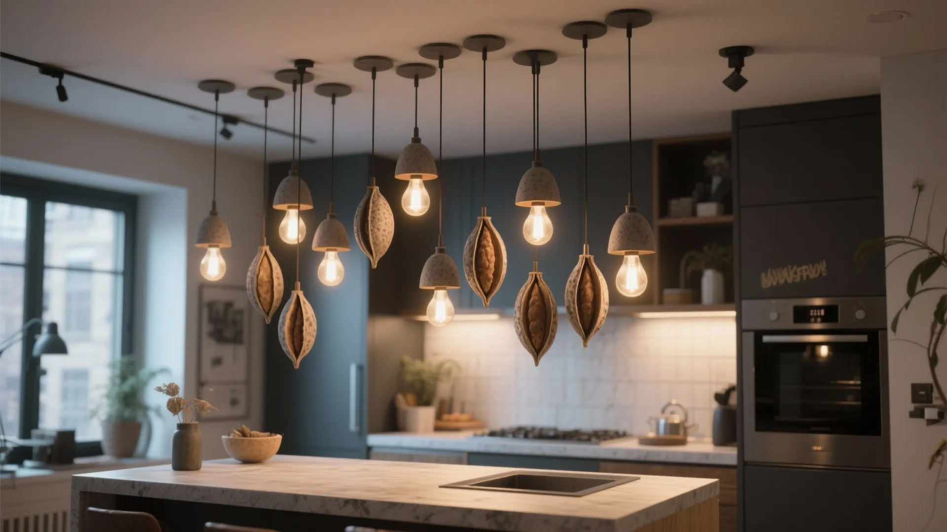 Staggered seedpod pendant lights above a small kitchen island in a studio apartment