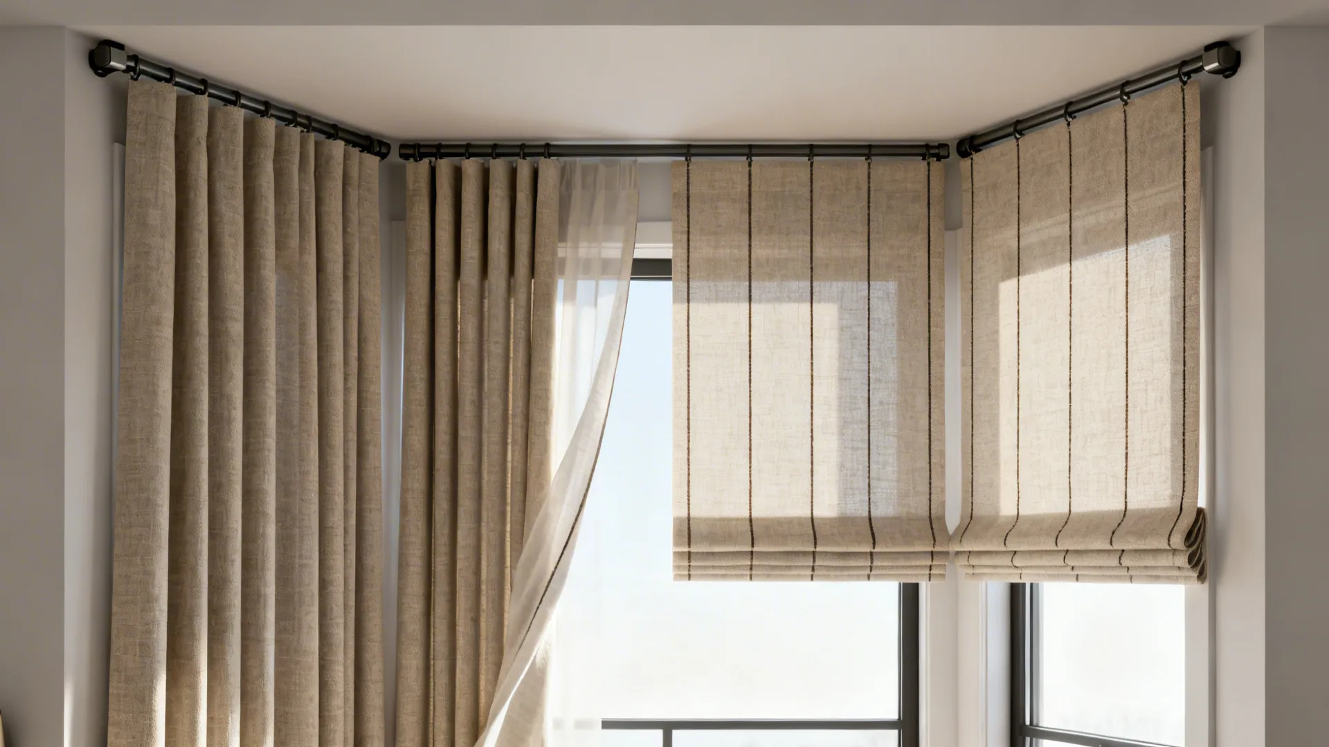 Bay window with individual curtain panels on separate low-profile tracks, a single panel partially open for airflow.