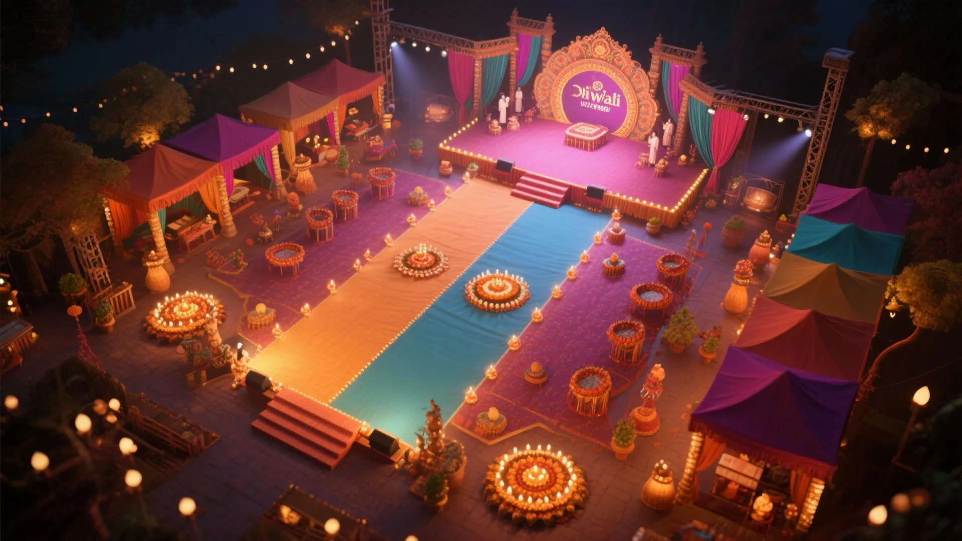 Aerial view showing distinct performance and ceremonial zones on Diwali stage
