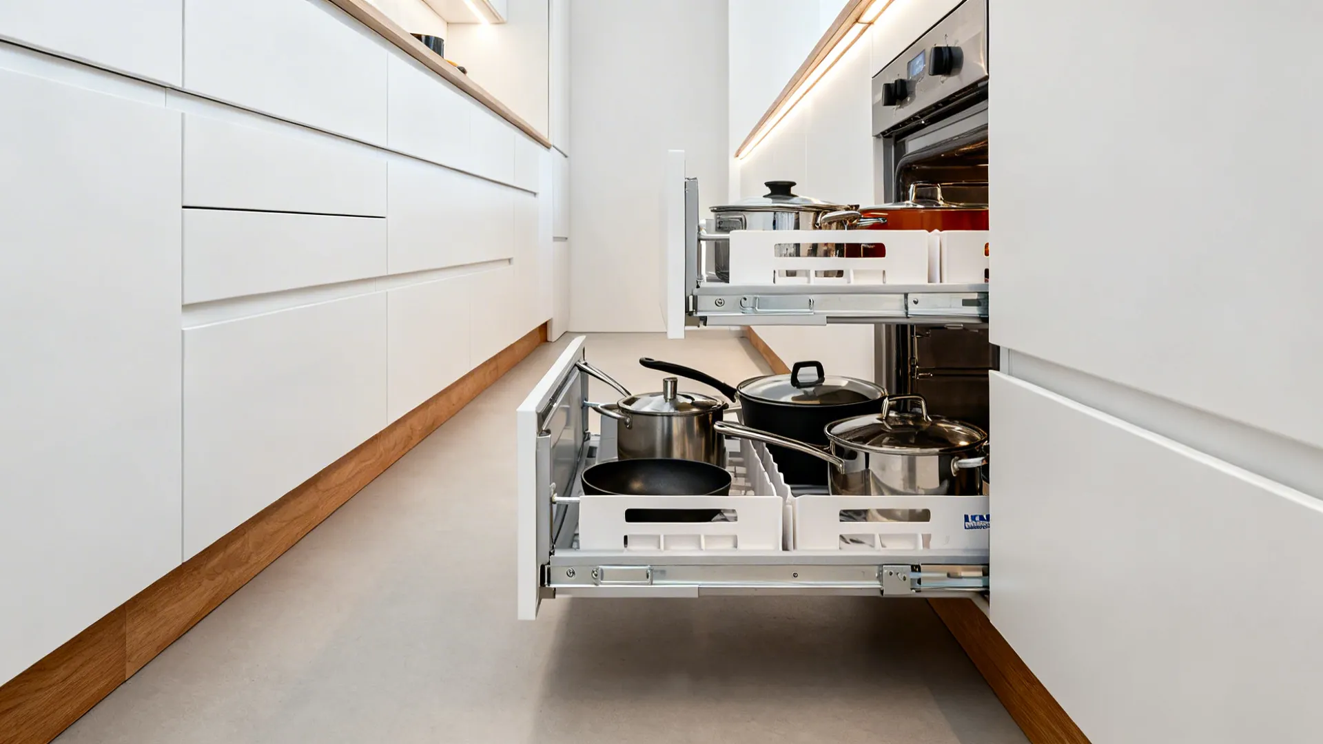 Close view of aligned MAXIMERA drawers in a galley kitchen showing 40/60/80 cm rhythm and organized dividers.