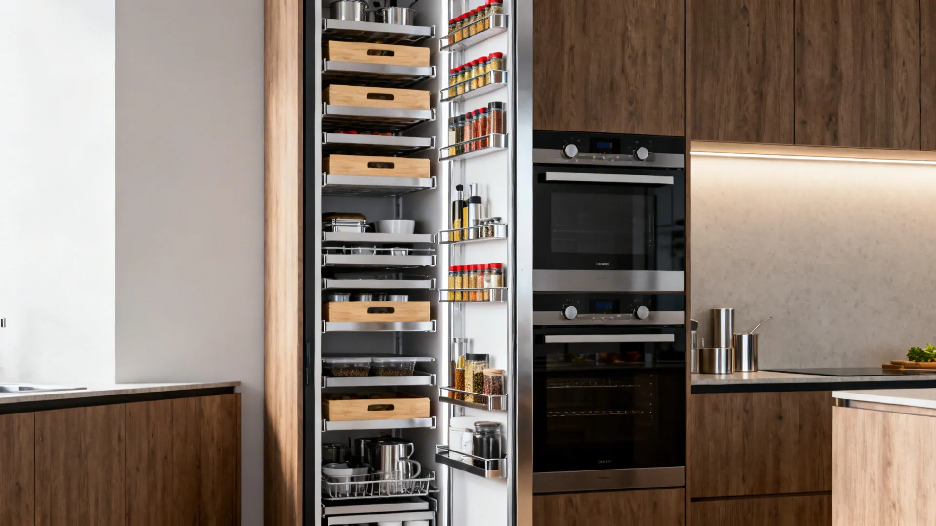 Slim SEKTION pantry column with pull-out organizers storing trays and spices in a narrow kitchen