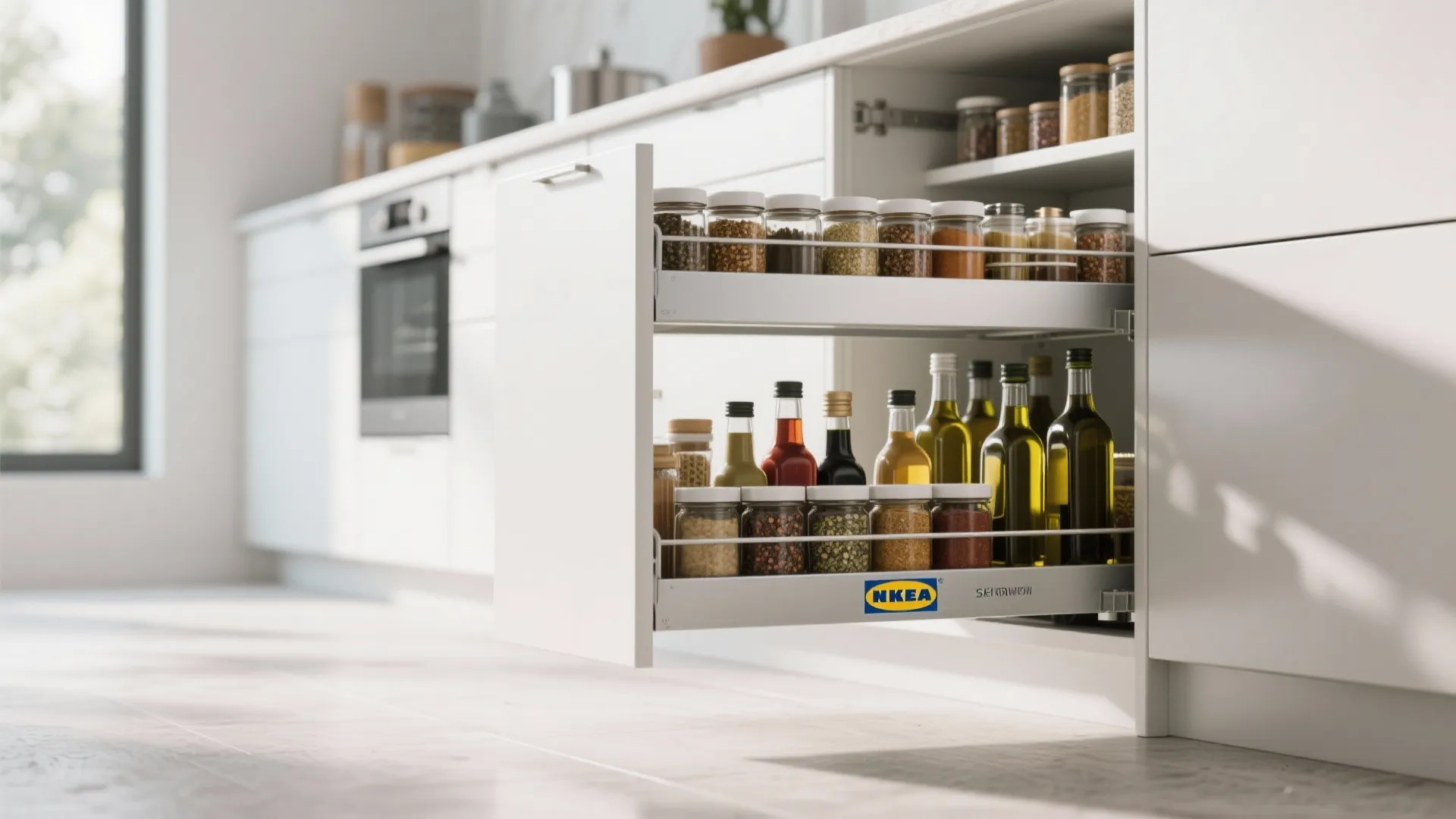 Modern white kitchen cabinet with pullout drawer organizer holding various glass spice jars and bottles