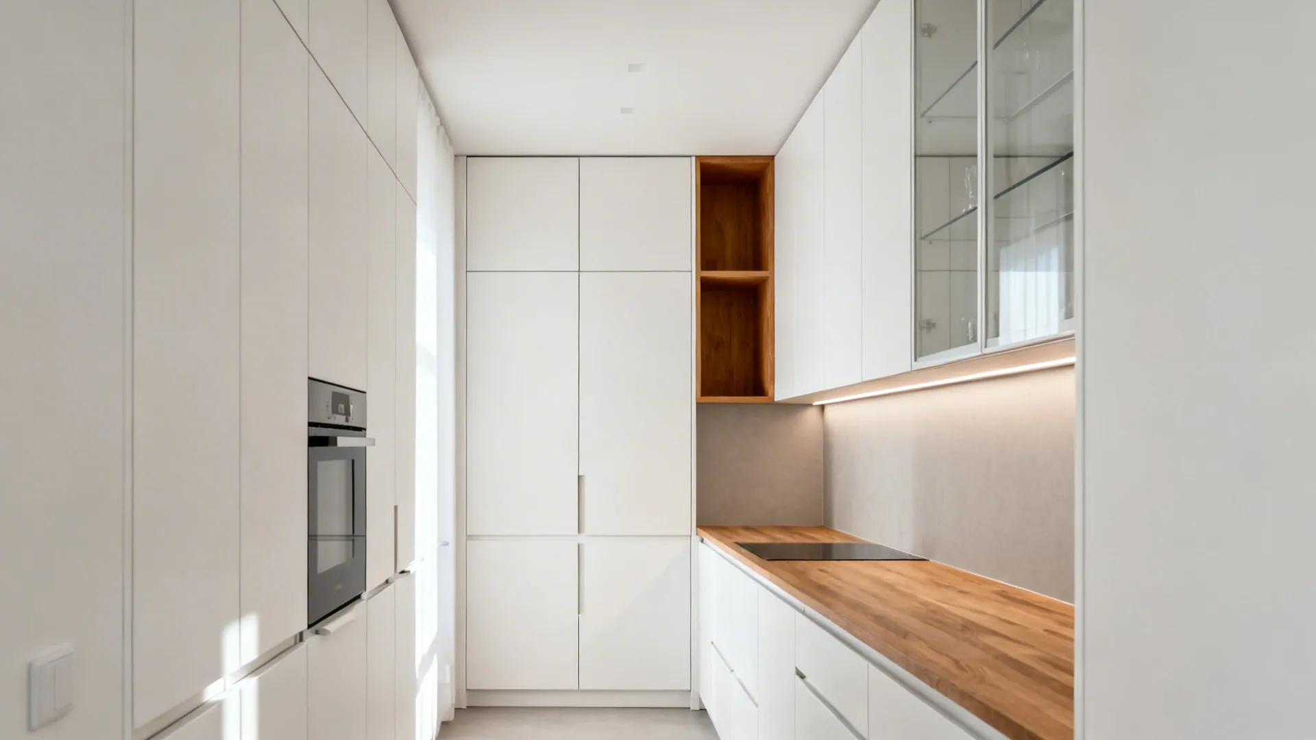 Floor-to-ceiling matte white SEKTION cabinets with a wood shelf and LED lighting.