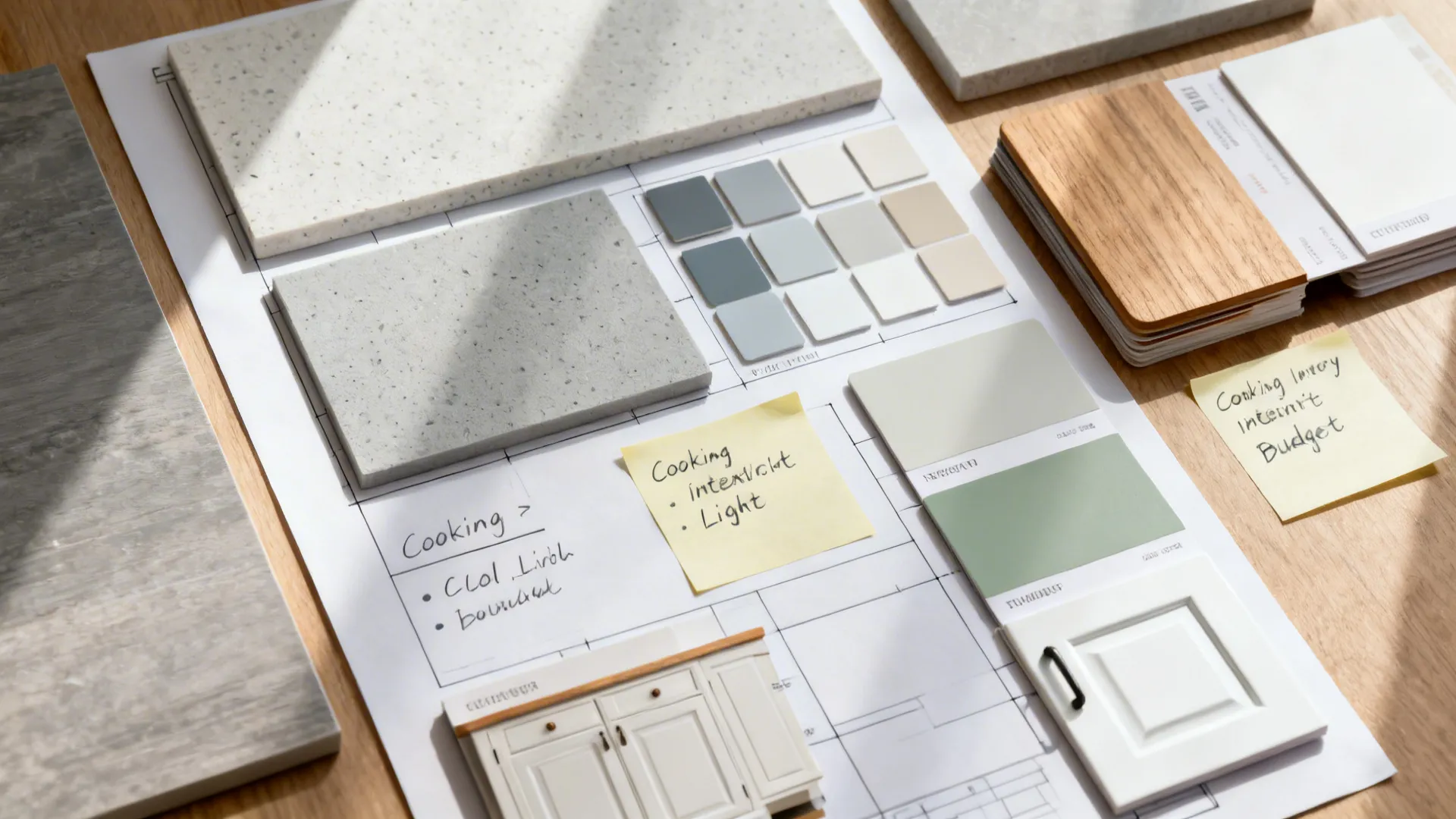 Top-down planning board with grey counter swatches, lighting chips, and cabinet color cards.