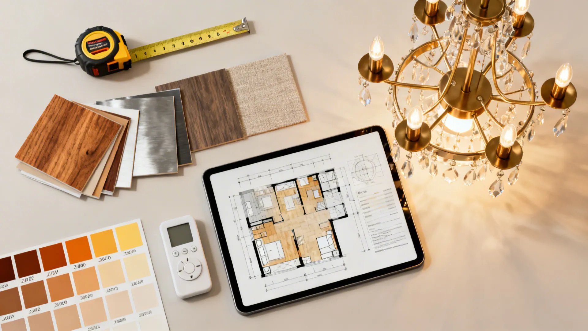 Flatlay of chandelier selection tools: tape measure, swatches, dimmer remote and room mockup on tablet.