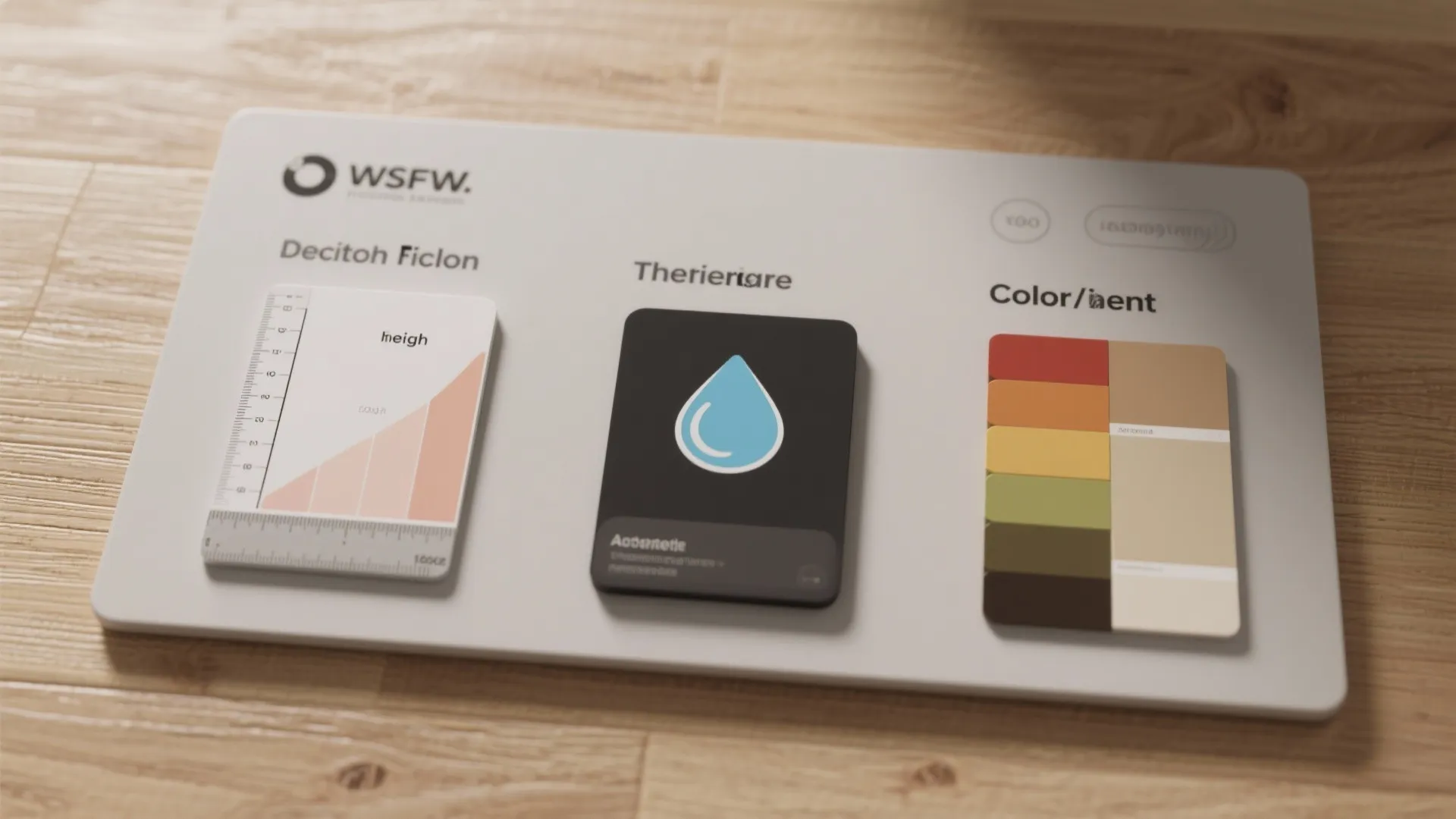 Selection guide on wood floor showing icons for height water resistance and five color samples