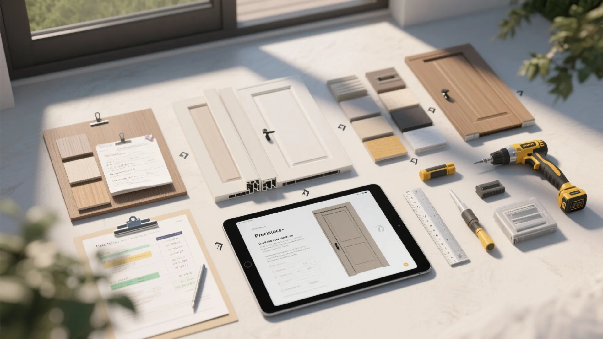 Top-down layout of the selection and planning process for outdoor cabinet doors with samples and tools