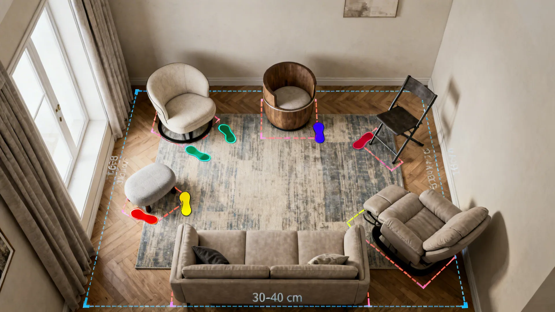 Top-down layout with taped footprints and measurements showing chair clearances in a small living room.
