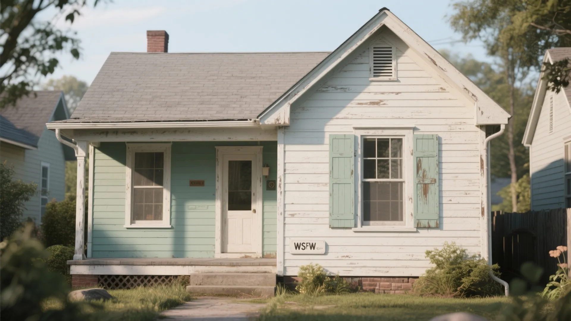 Small white house with green paint details and a front porch showing some peeling paint