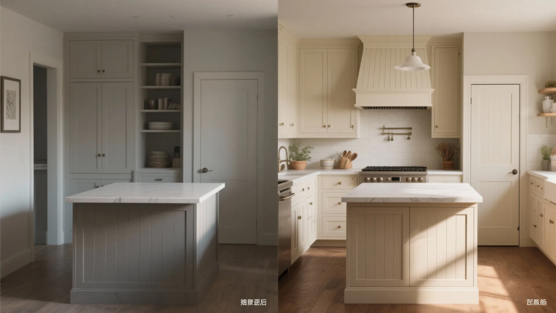 Before and after interior design drawing comparison of a grey kitchen island and white kitchen island