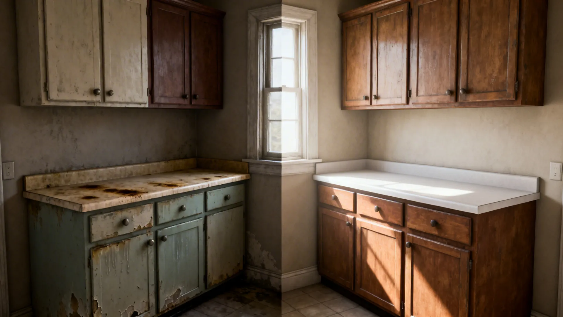 Before-and-after of a small kitchen showing selective replacement of worn lower cabinets