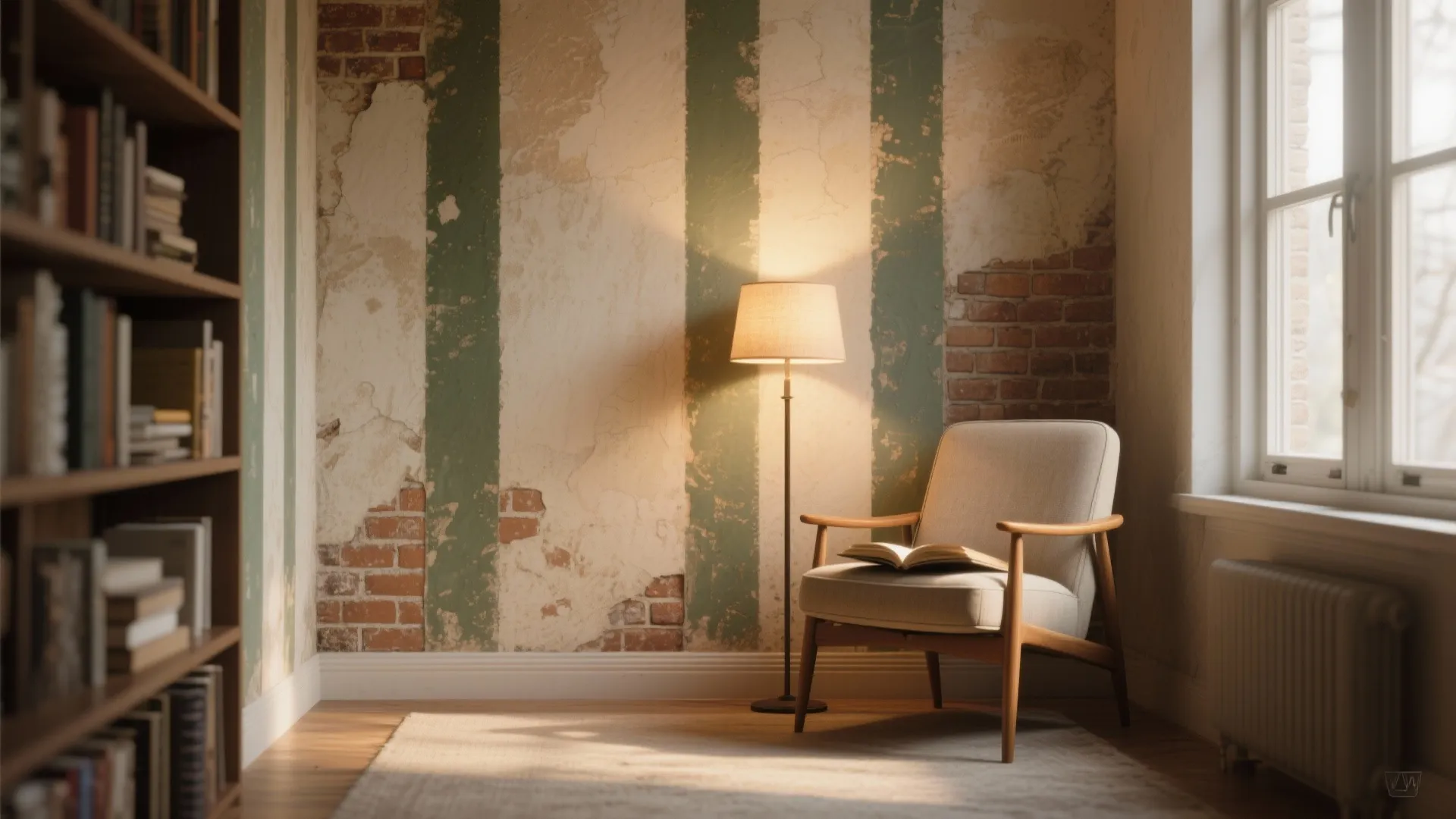 Reading corner featuring cream chair, floor lamp, bookshelf, and distressed wall with exposed red bricks