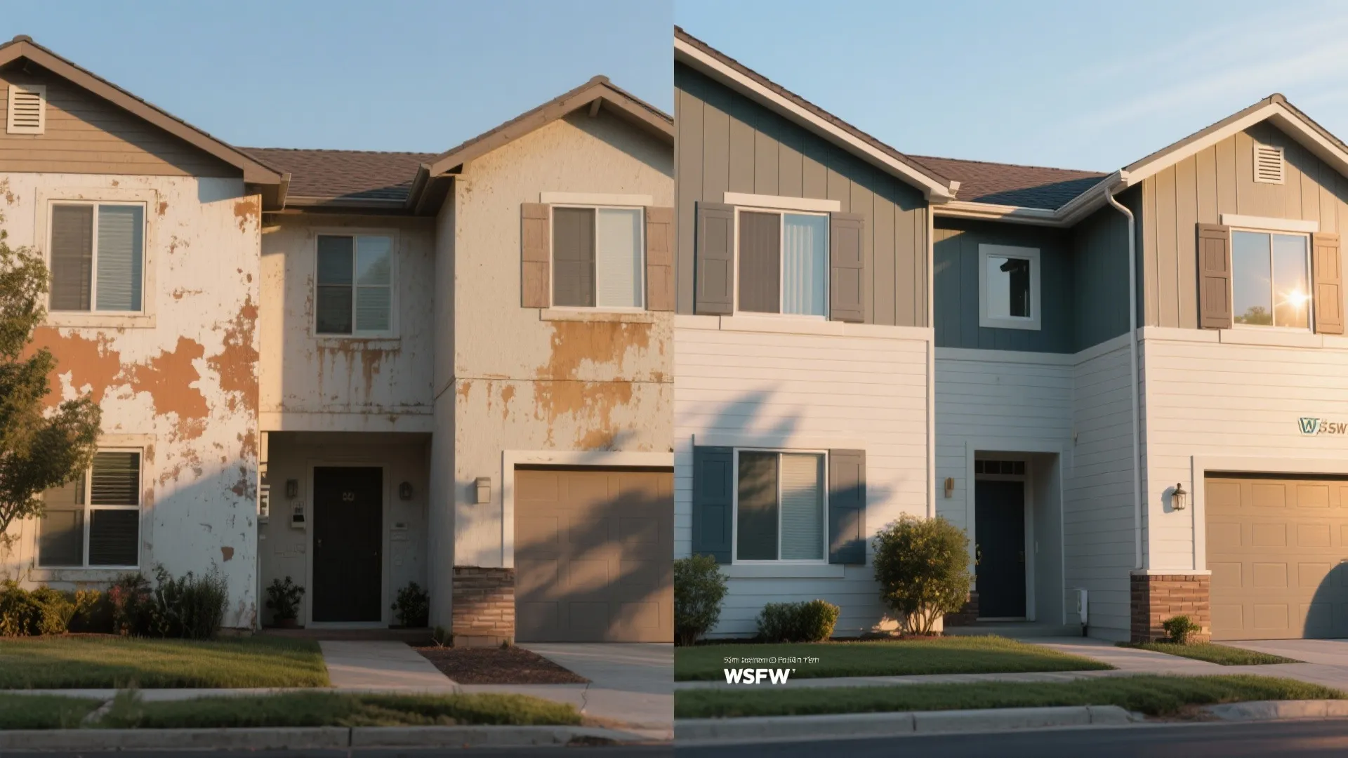 Before-and-after comparison of a house exterior showing old peeling paint versus a new clean finish