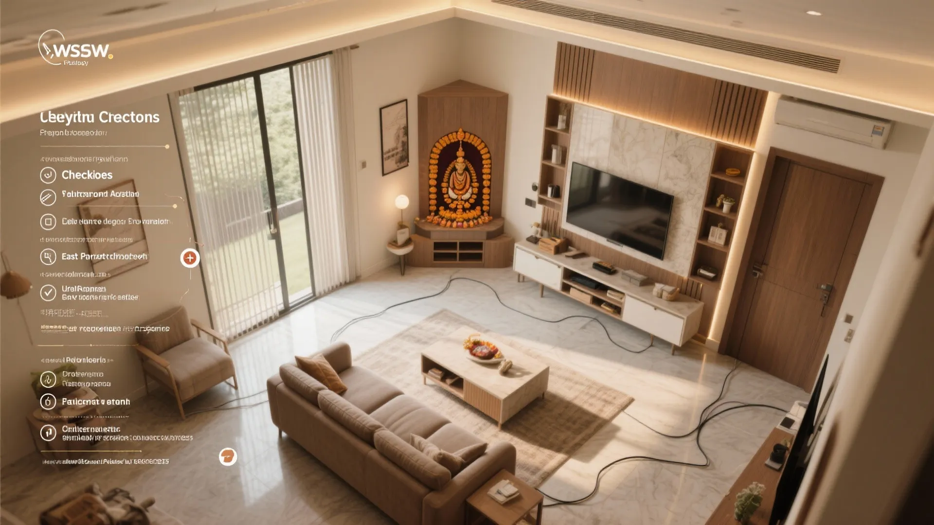 Top-down layout highlighting pooja corner placement, lighting layers, storage, and airflow planning in a living room.